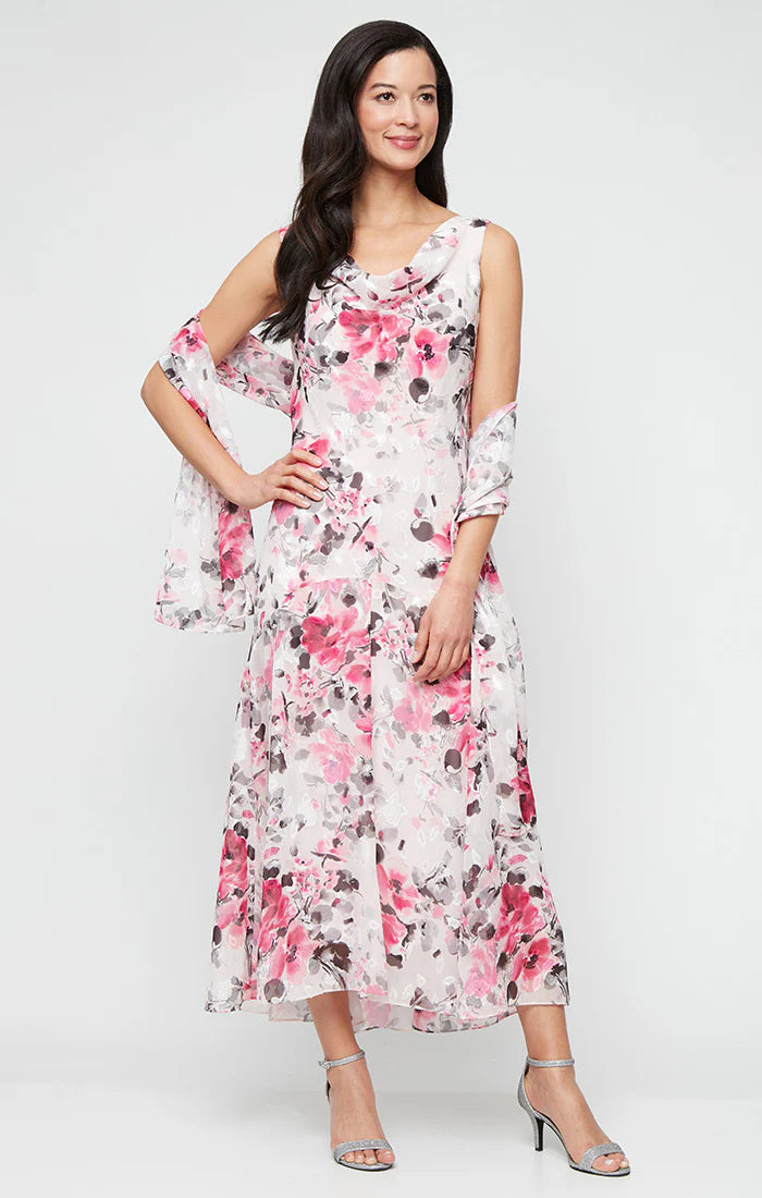 Floral Drape Neck Dress with Shawl
