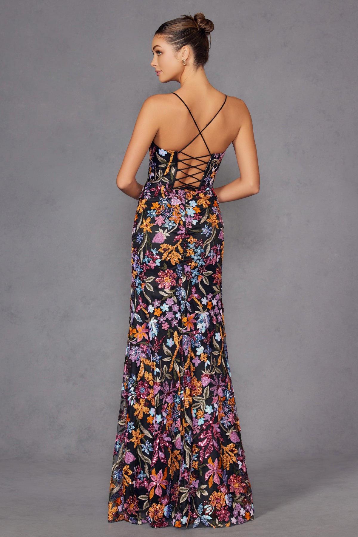 Black Floral Embellished Strappy Back Gown