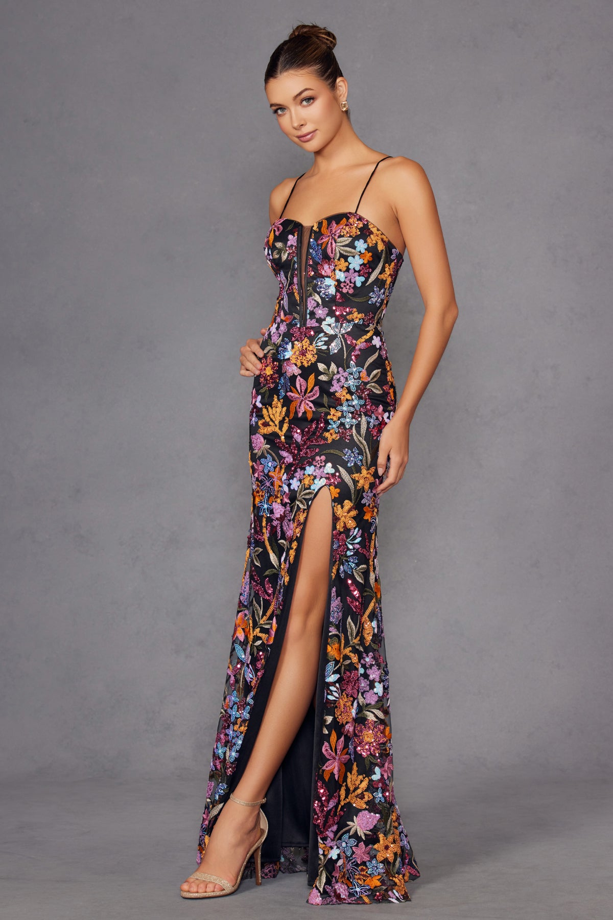 Black Floral Embellished Strappy Back Gown