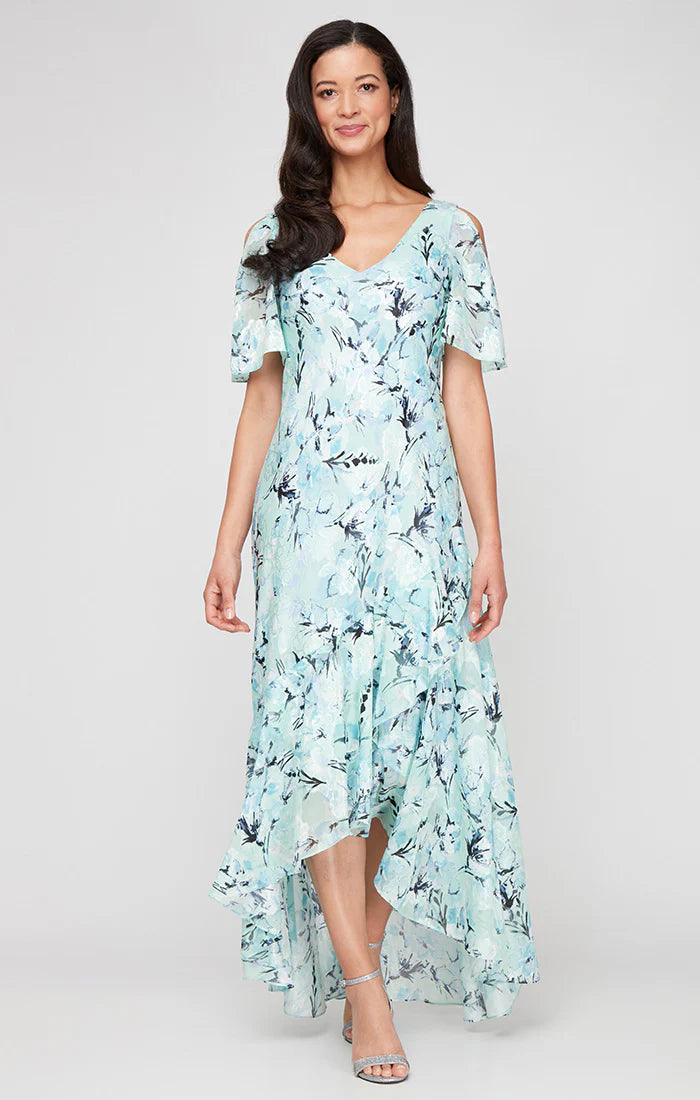 Floral Jacquard Dress with Flounce Hi-Low Hem