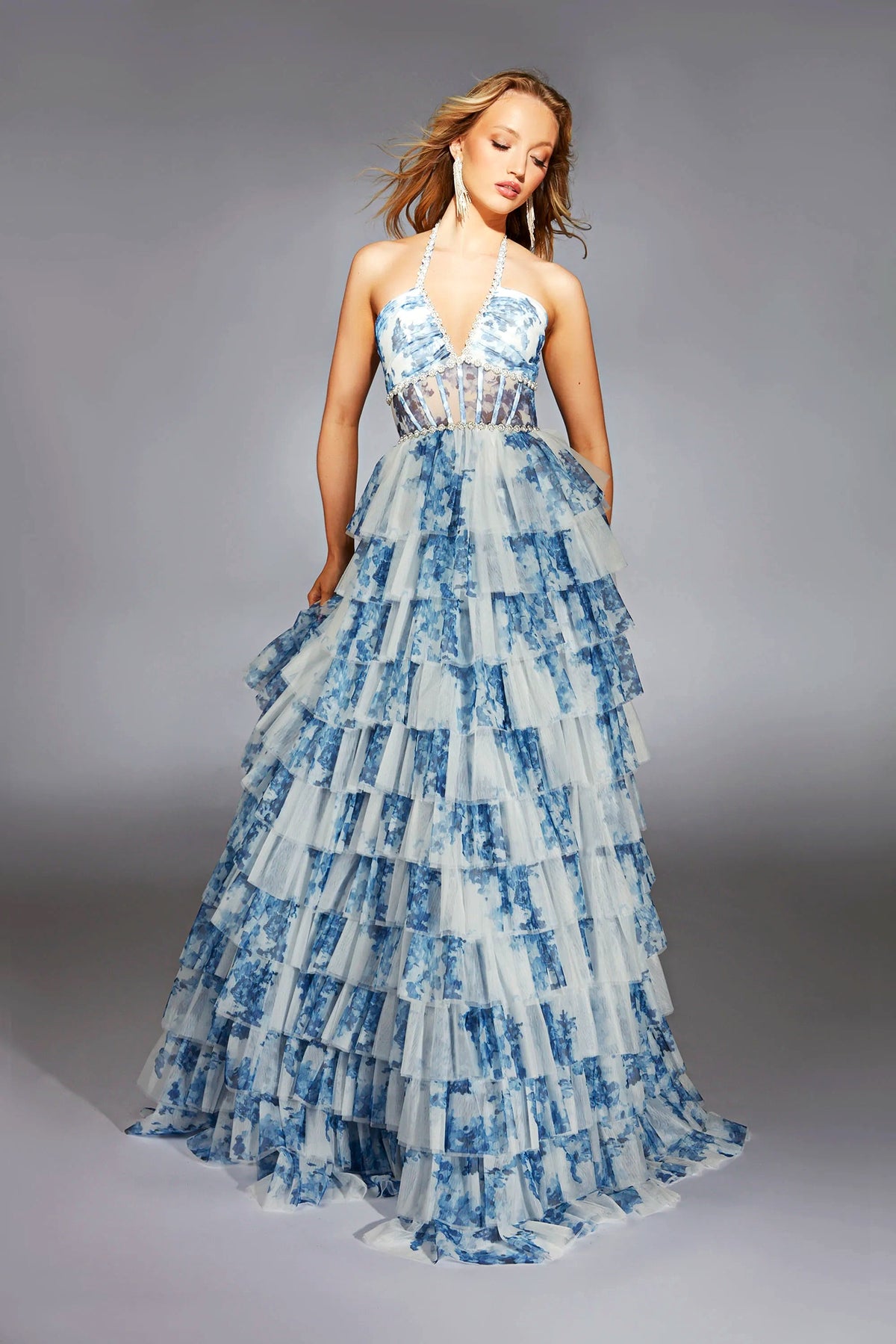 Floral Layered Halter Corset Gown