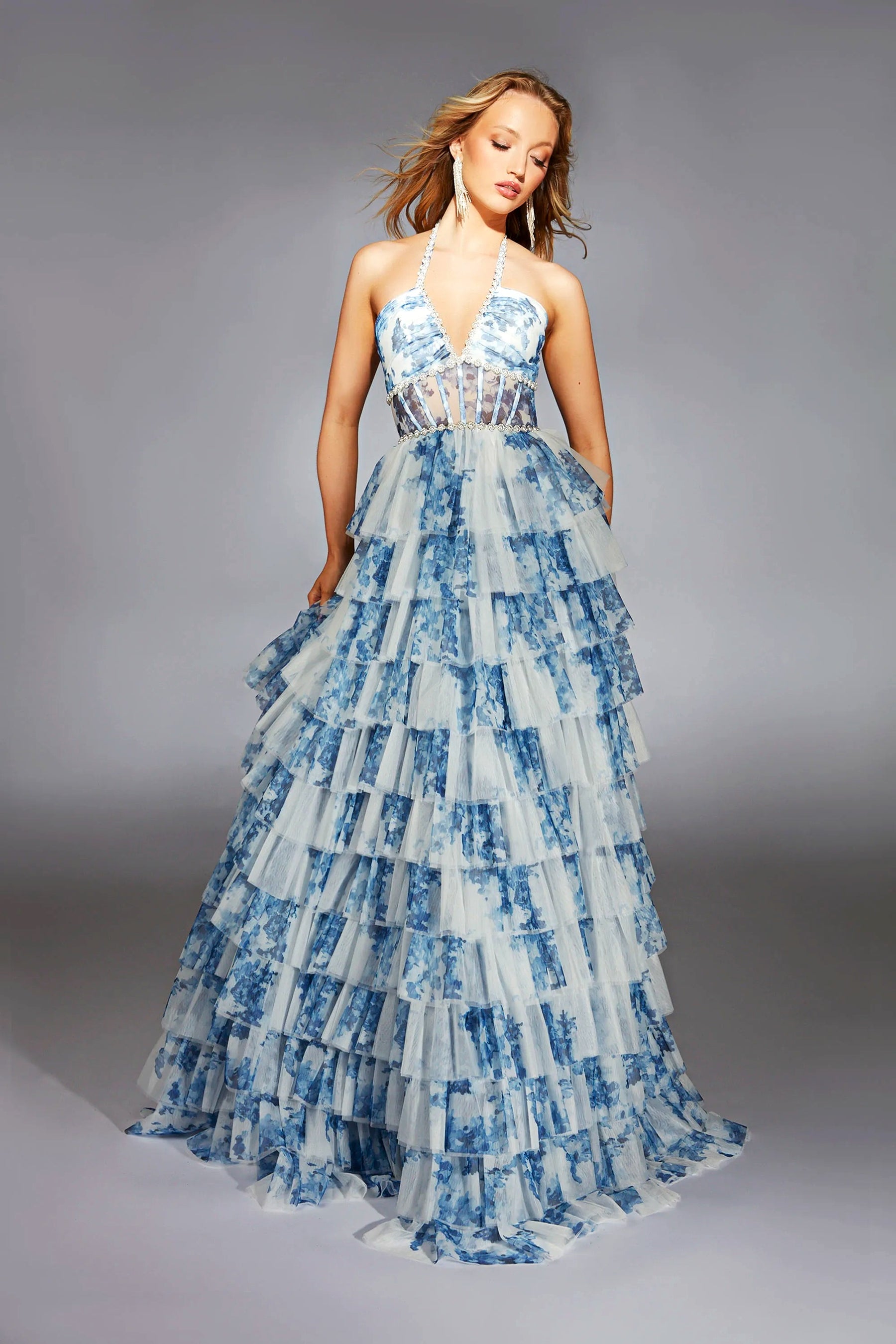 Floral Layered Halter Corset Gown