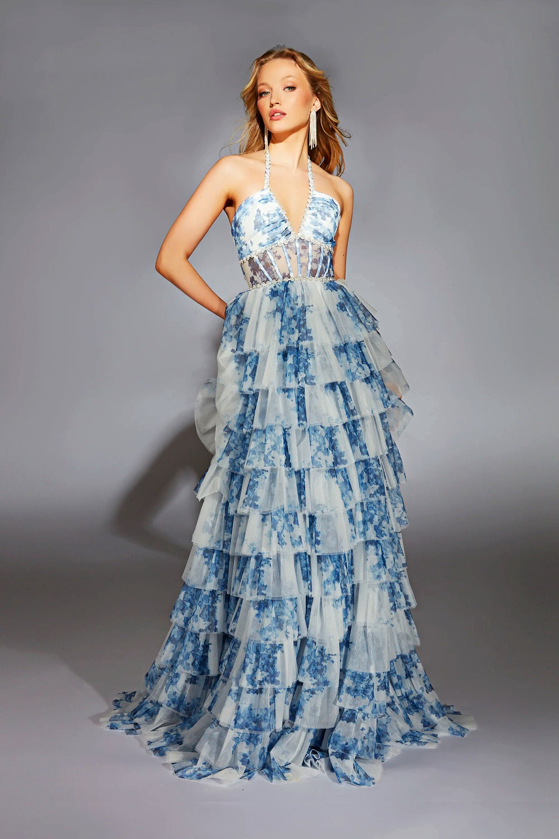Floral Layered Halter Corset Gown