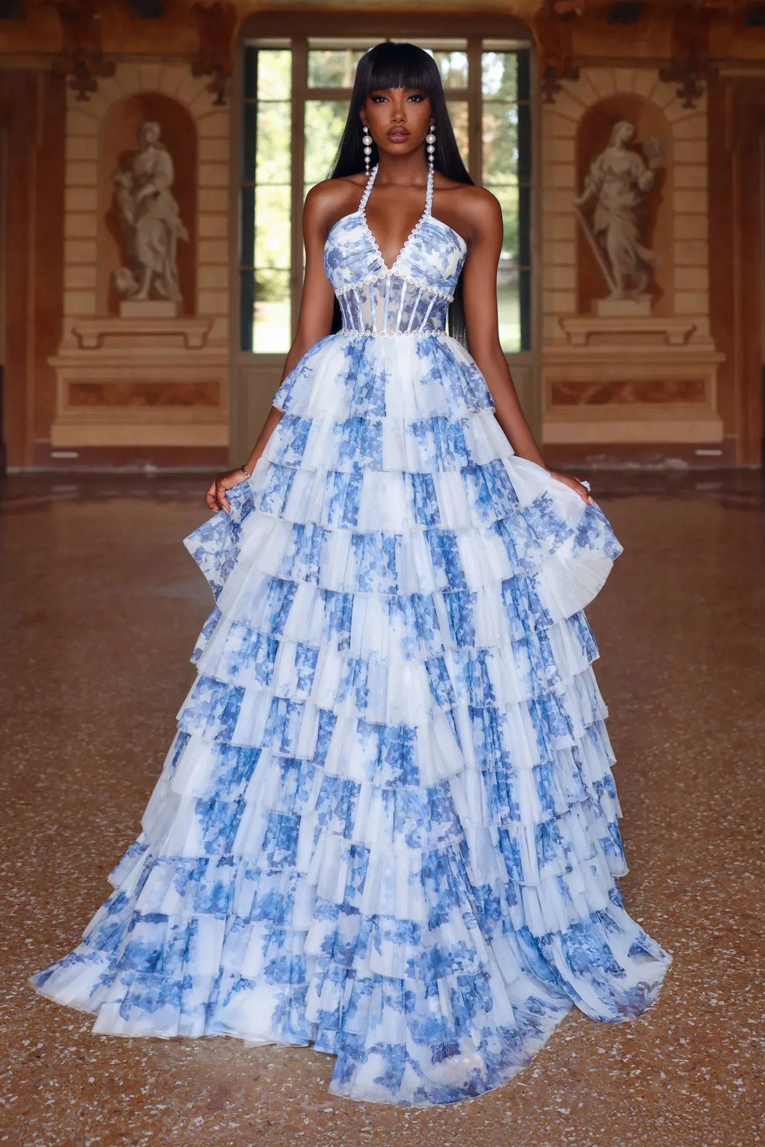 Floral Layered Halter Corset Gown