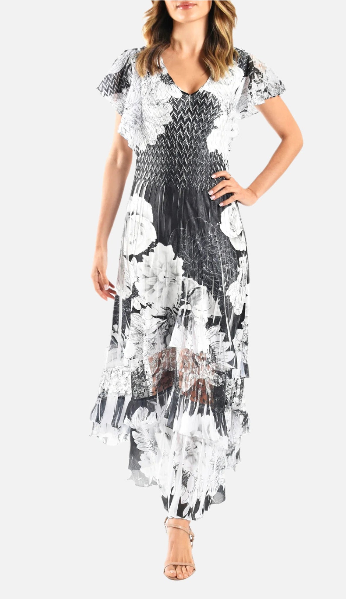Floral Obsidian Spray Flutter Sleeve Maxi Dress