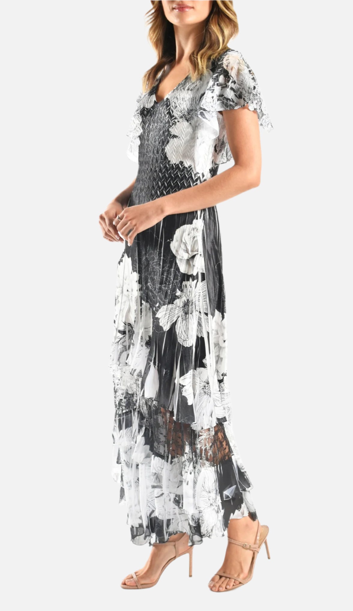 Floral Obsidian Spray Flutter Sleeve Maxi Dress