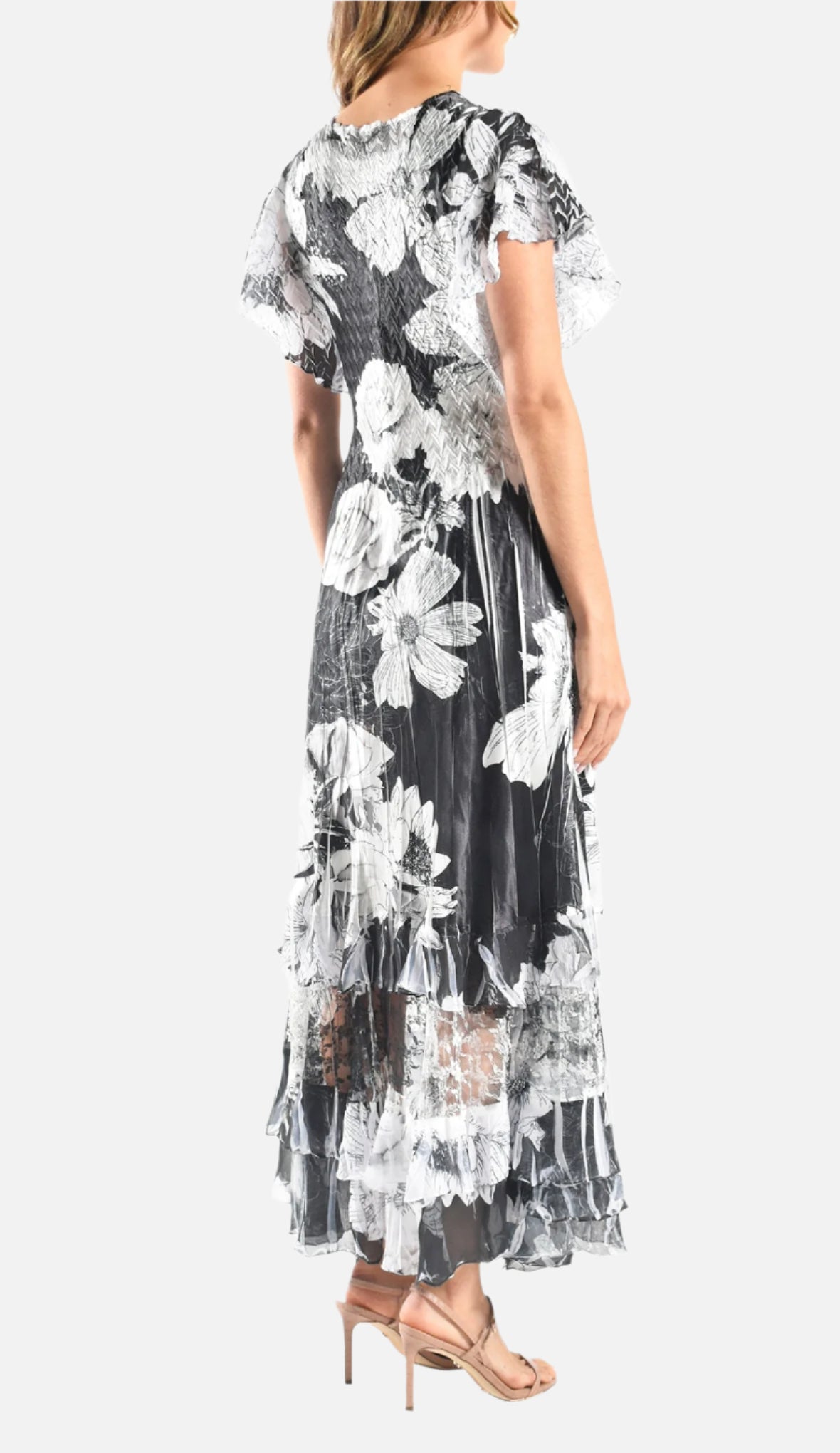 Floral Obsidian Spray Flutter Sleeve Maxi Dress