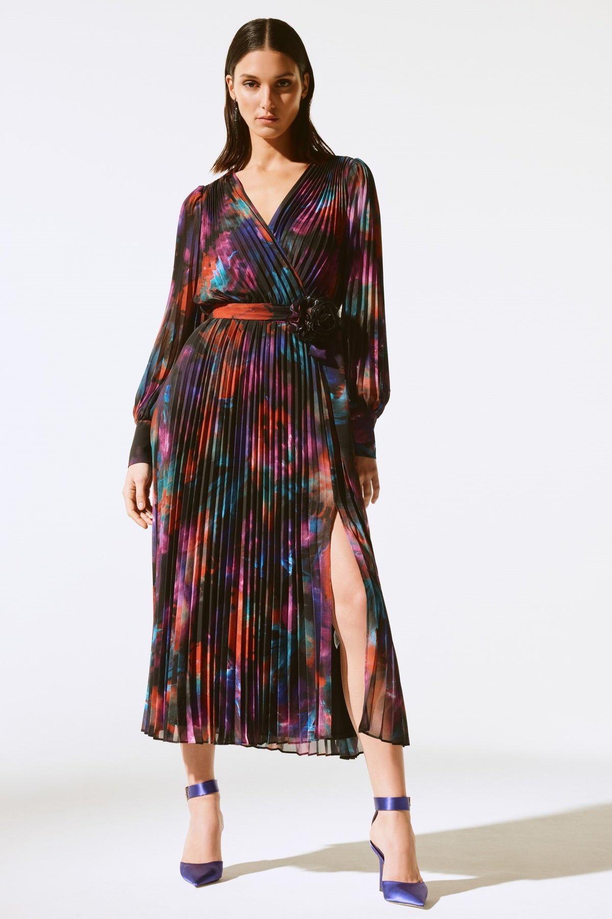 Floral Print Pleated Chiffon Midi Dress