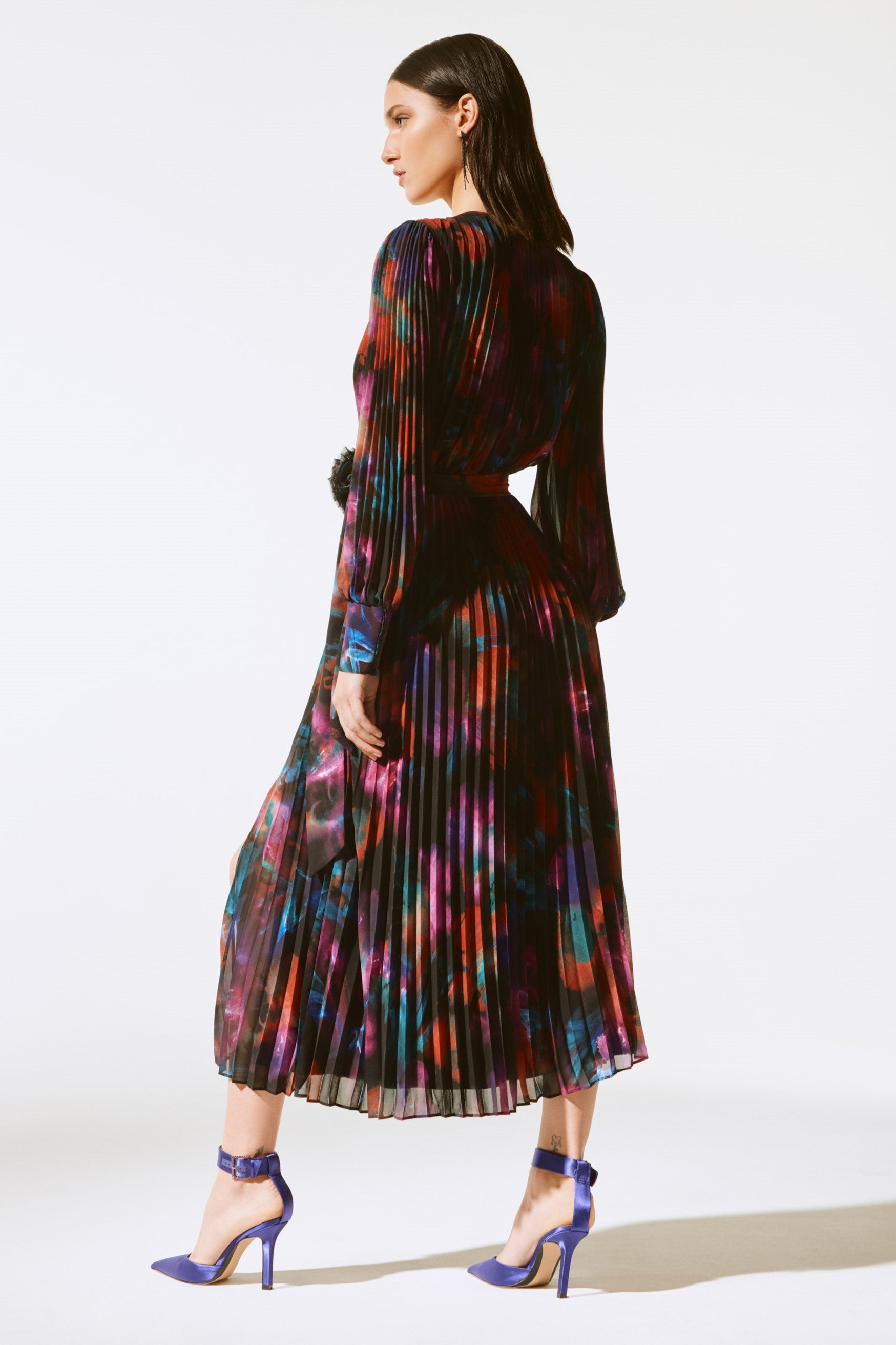 Floral Print Pleated Chiffon Midi Dress
