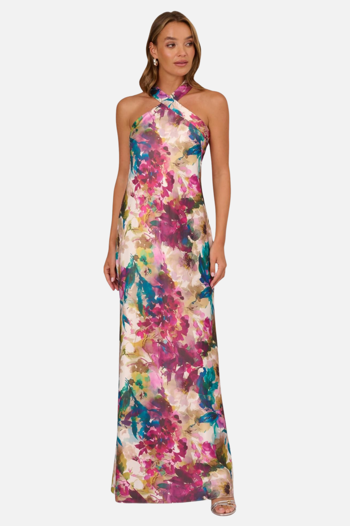 Floral Print Satin Halter Maxi Dress
