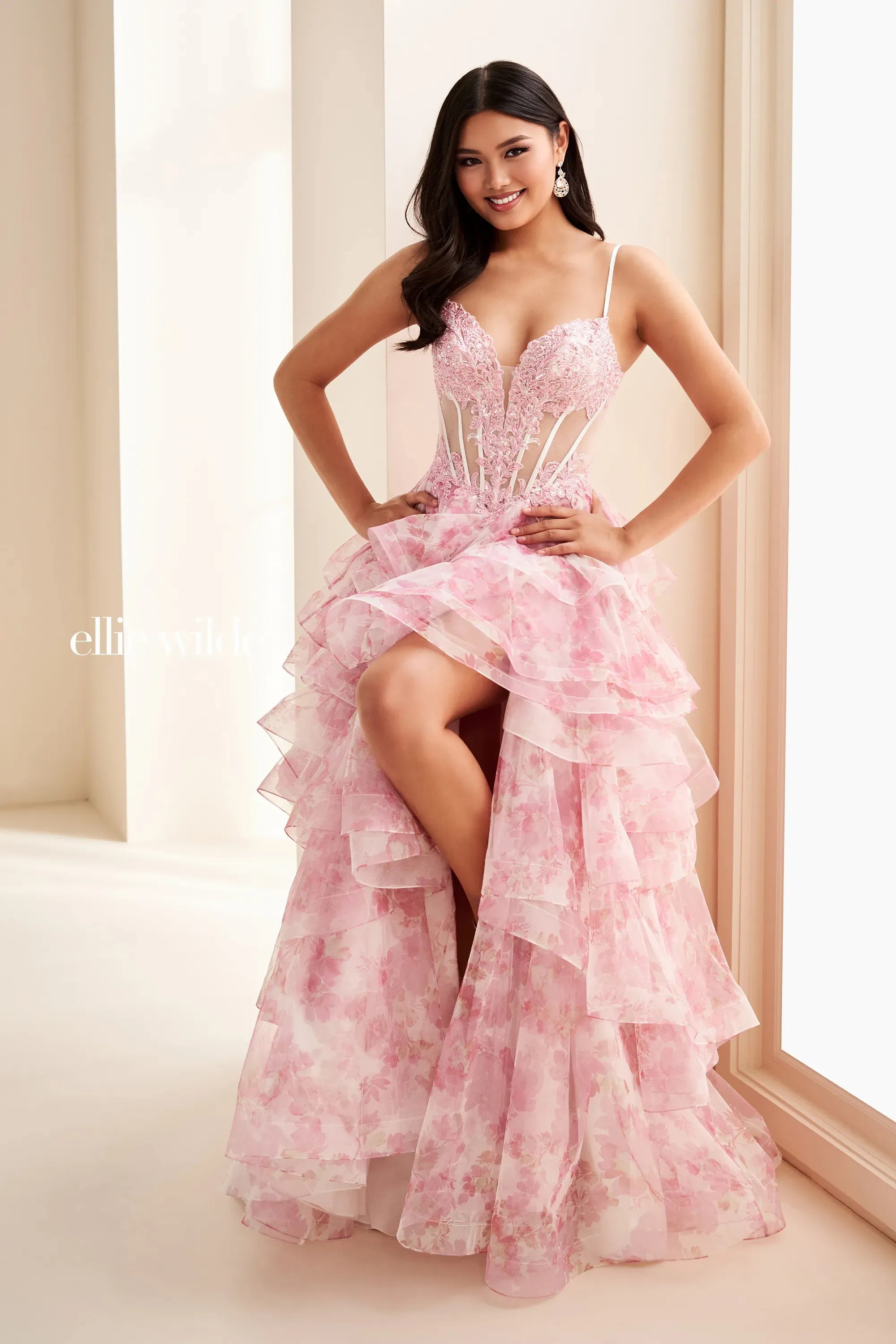 Floral Printed Mesh Bodice Layered Ball Gown | Lizzy's by Cathy Allan