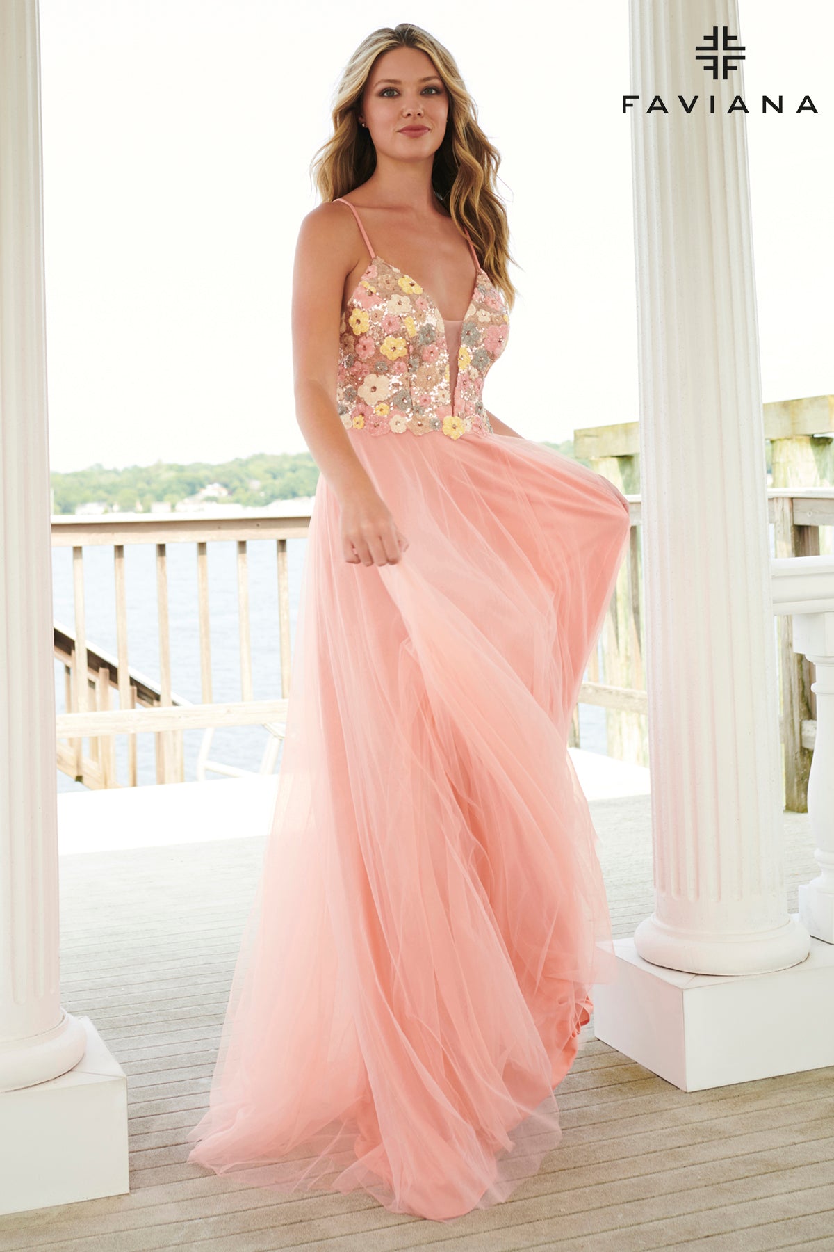 Floral Sequin Flowy Tulle Gown