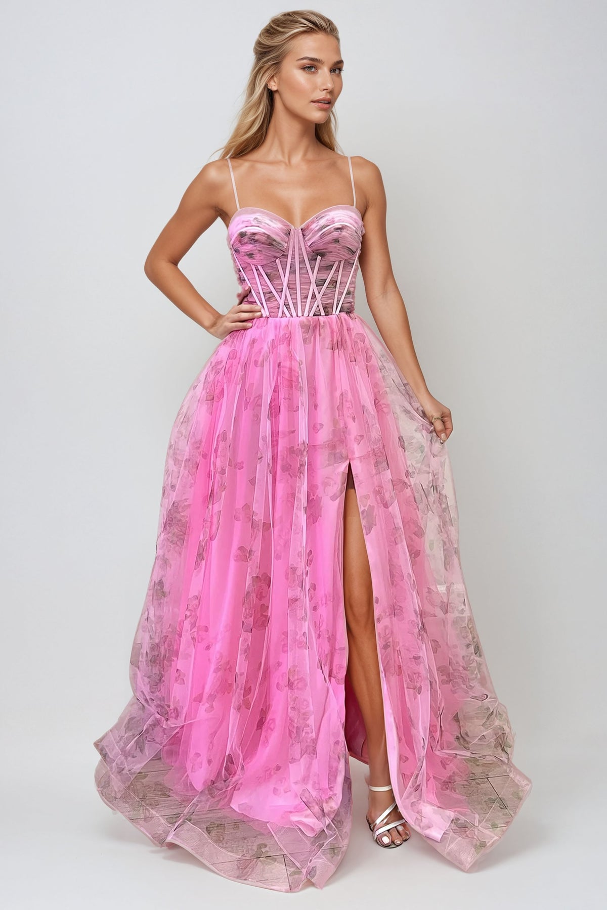 Flowy Floral Print Gown with Lace-Up Corset Bodice
