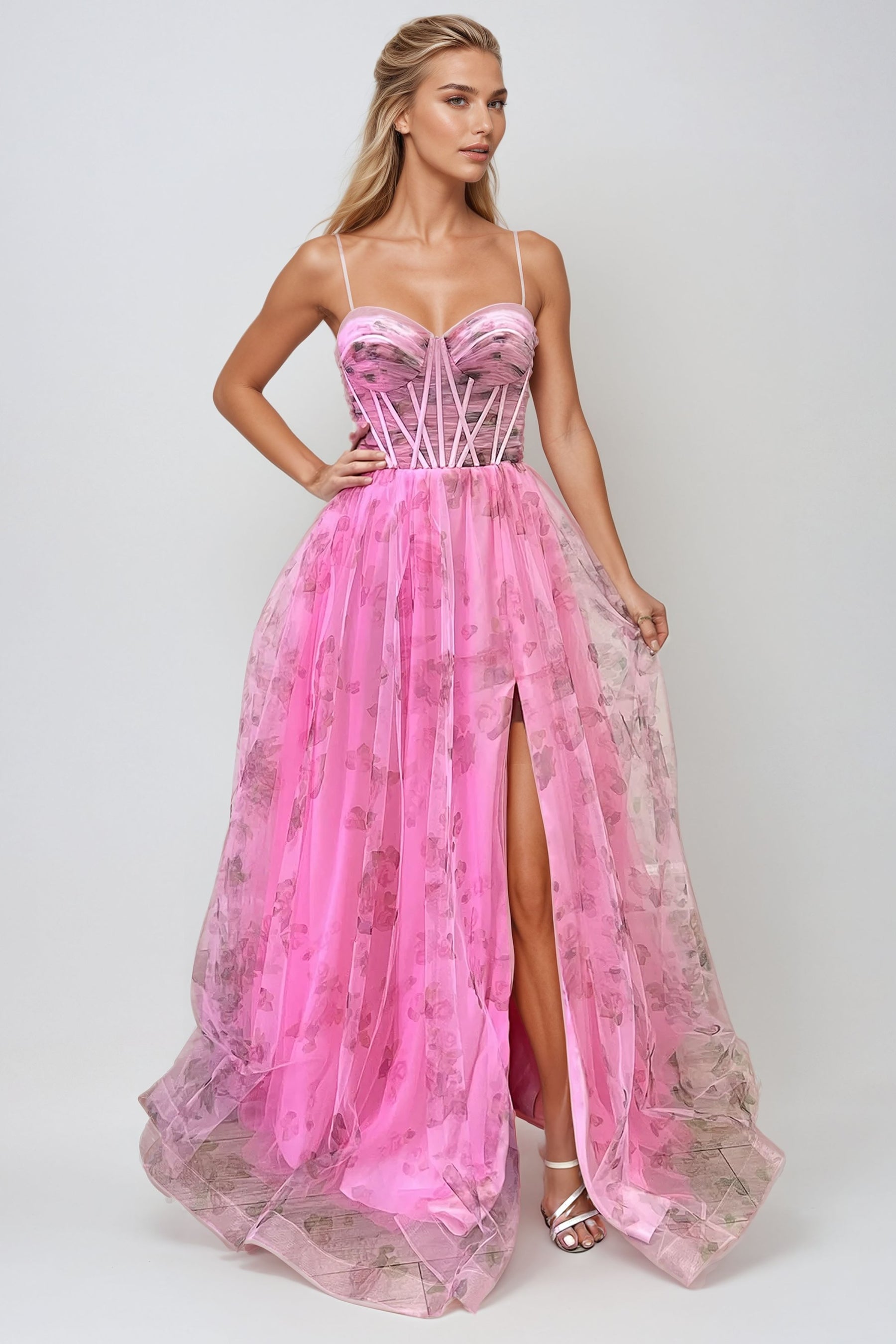 Flowy Floral Print Gown with Lace-Up Corset Bodice