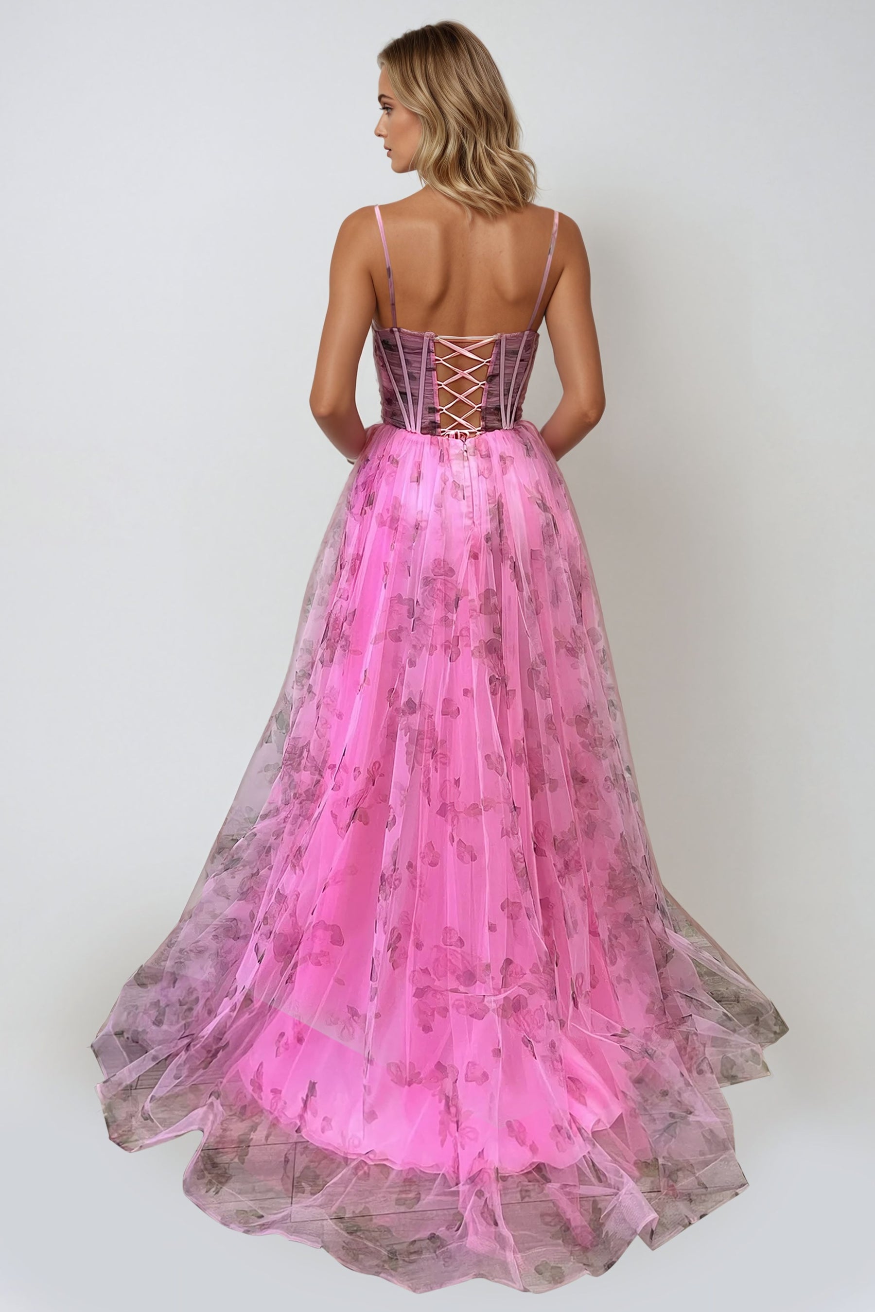 Flowy Floral Print Gown with Lace-Up Corset Bodice