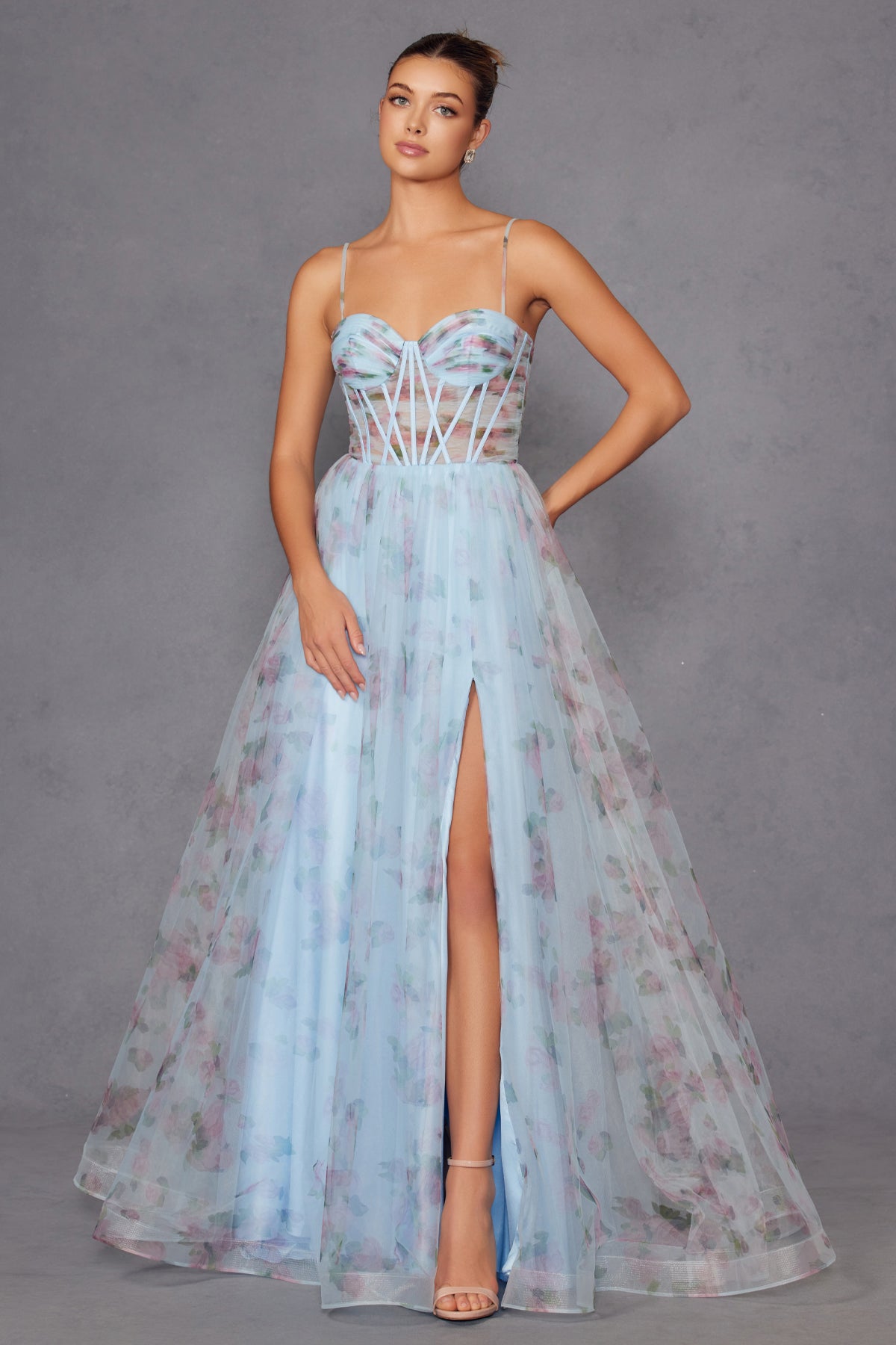 Flowy Floral Print Gown with Lace-Up Corset Bodice