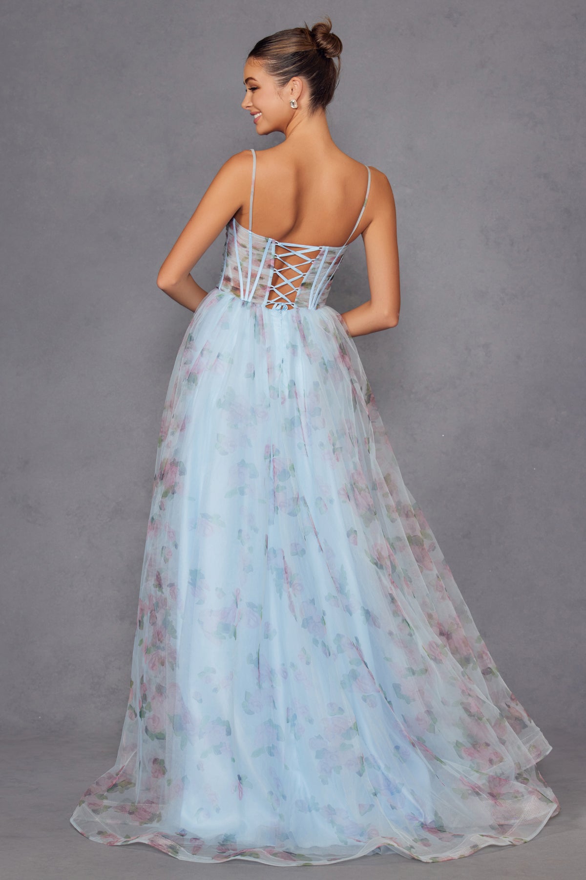 Flowy Floral Print Gown with Lace-Up Corset Bodice