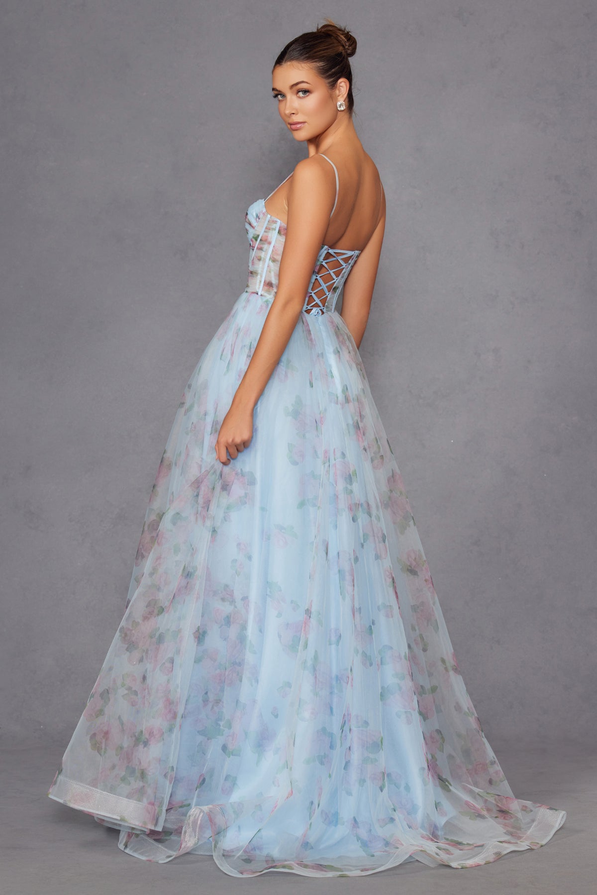 Flowy Floral Print Gown with Lace-Up Corset Bodice
