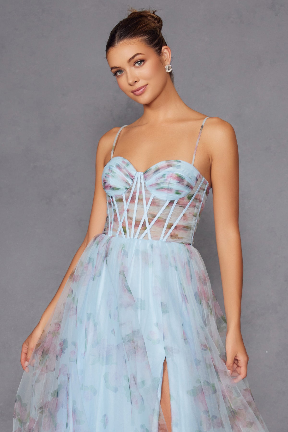 Flowy Floral Print Gown with Lace-Up Corset Bodice