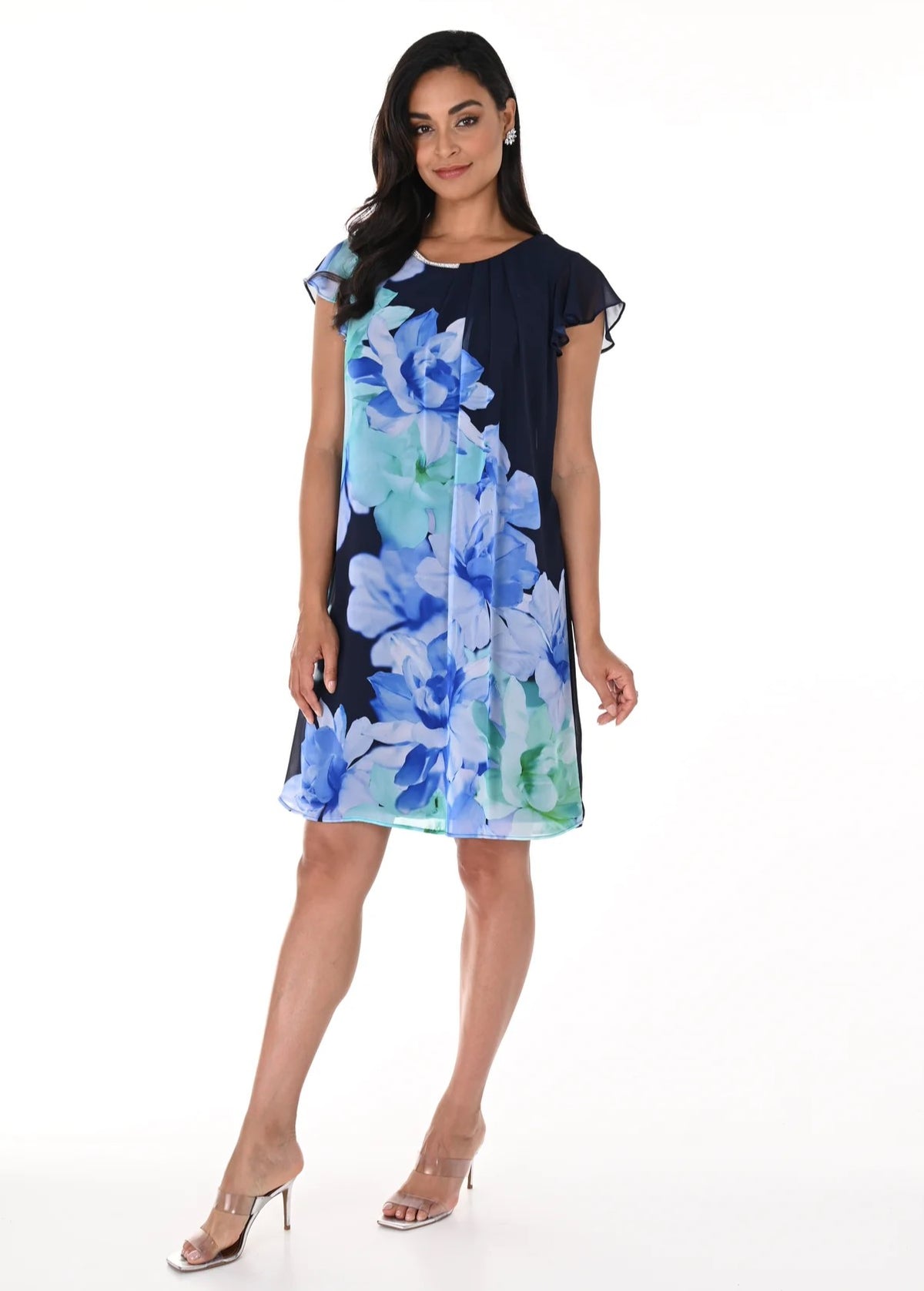 Flutter Sleeve Botanical Print Overlay Dress
