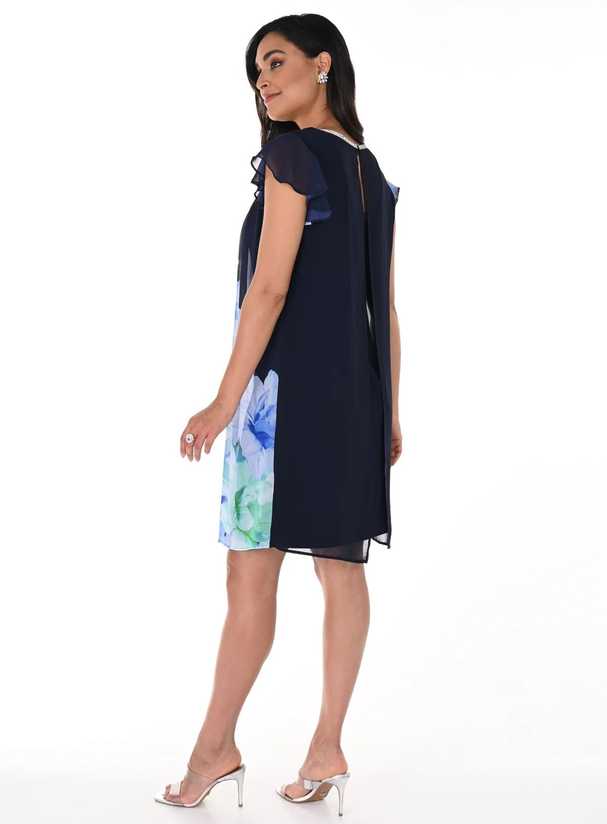 Flutter Sleeve Botanical Print Overlay Dress