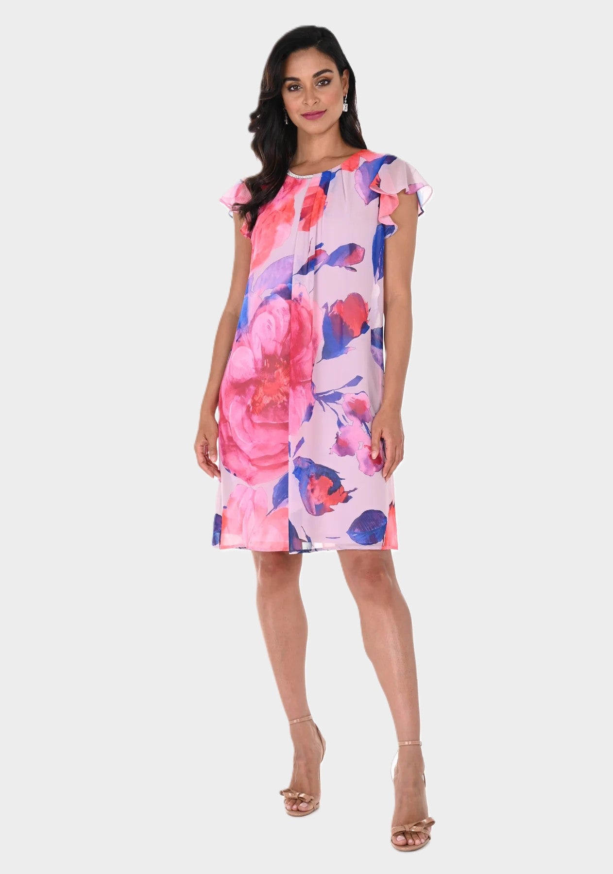 Flutter Sleeve Floral Overlay Dress