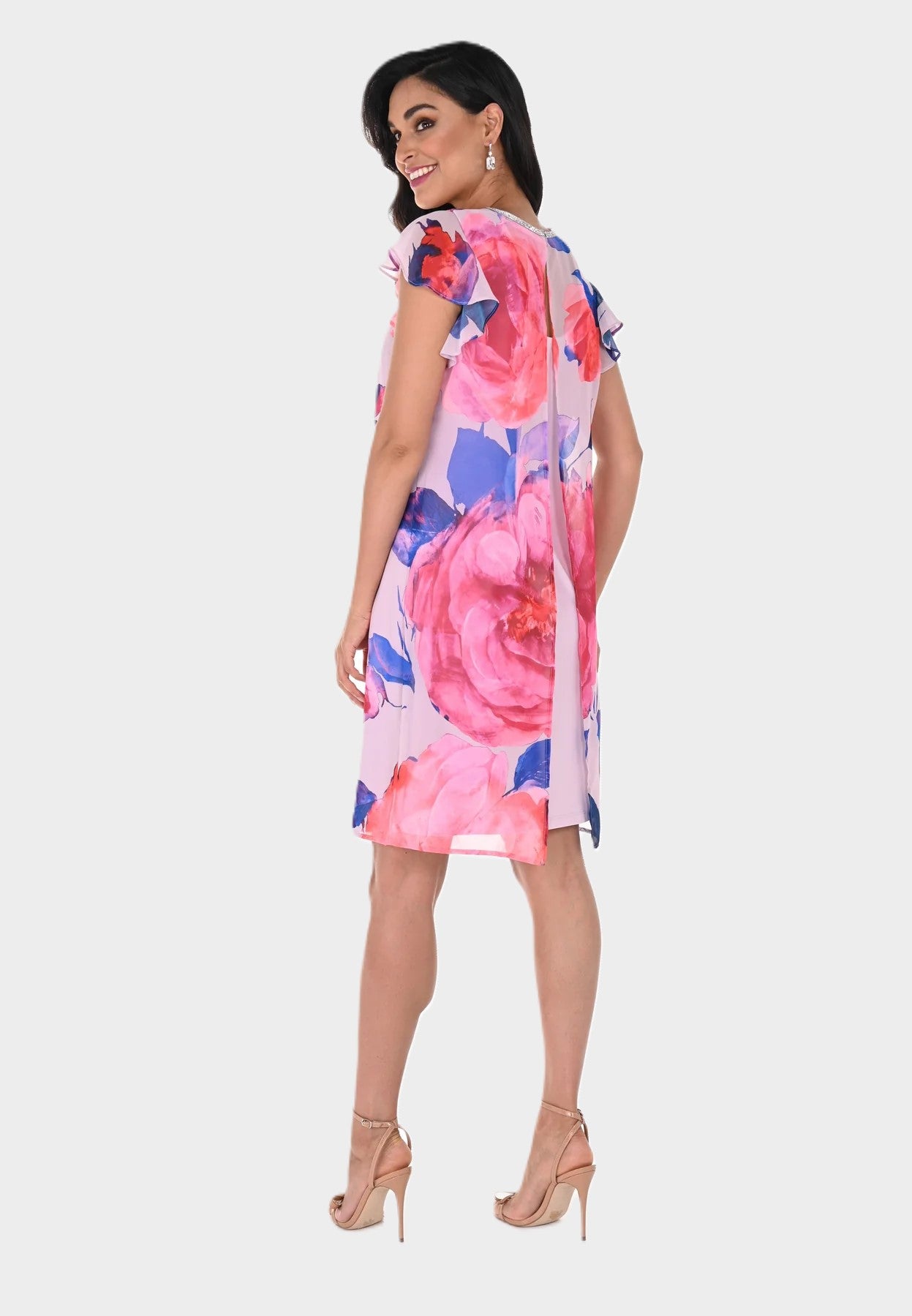 Flutter Sleeve Floral Overlay Dress
