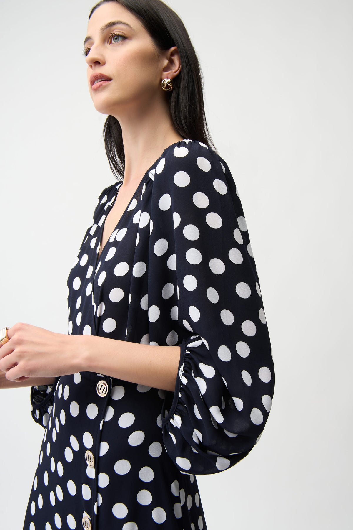 Georgette Dot Print Wrap Dress With Puff Sleeves