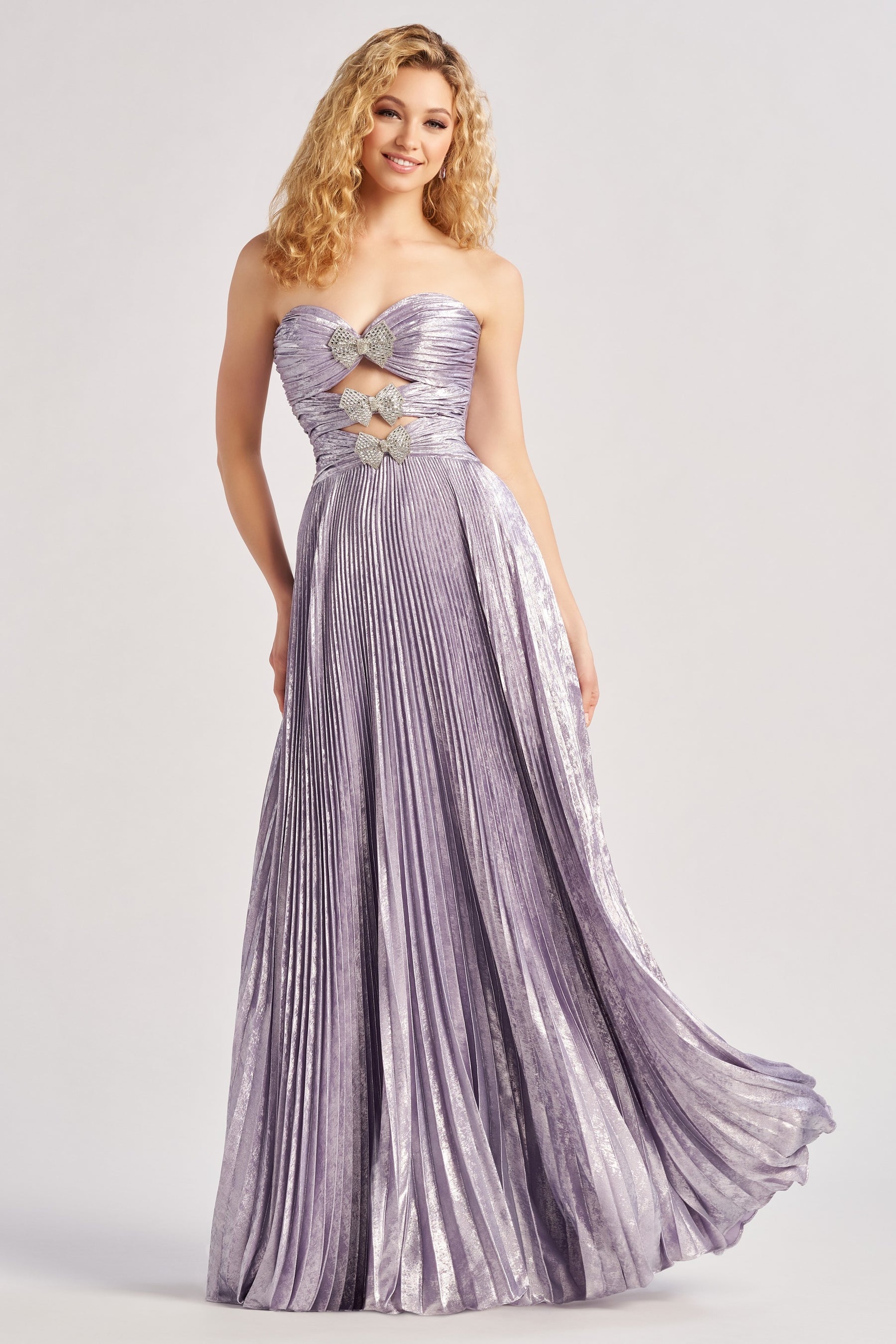 Glam Brushed Pleated Satin Gown With Rhinestone Bows