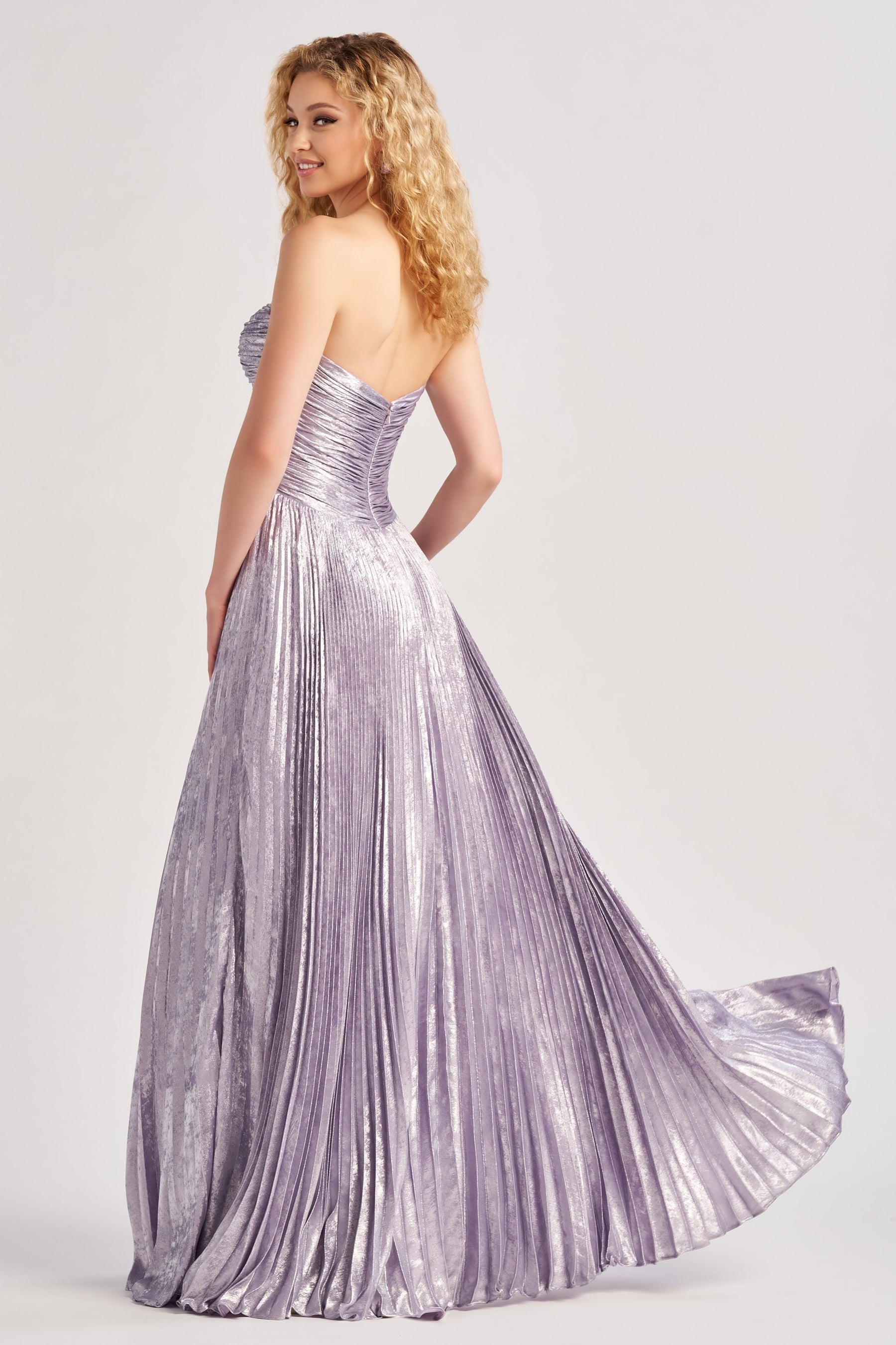 Glam Brushed Pleated Satin Gown With Rhinestone Bows