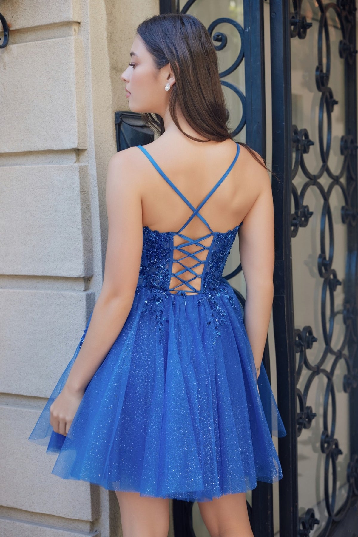 Glitter Lace-Up Back Short Dress