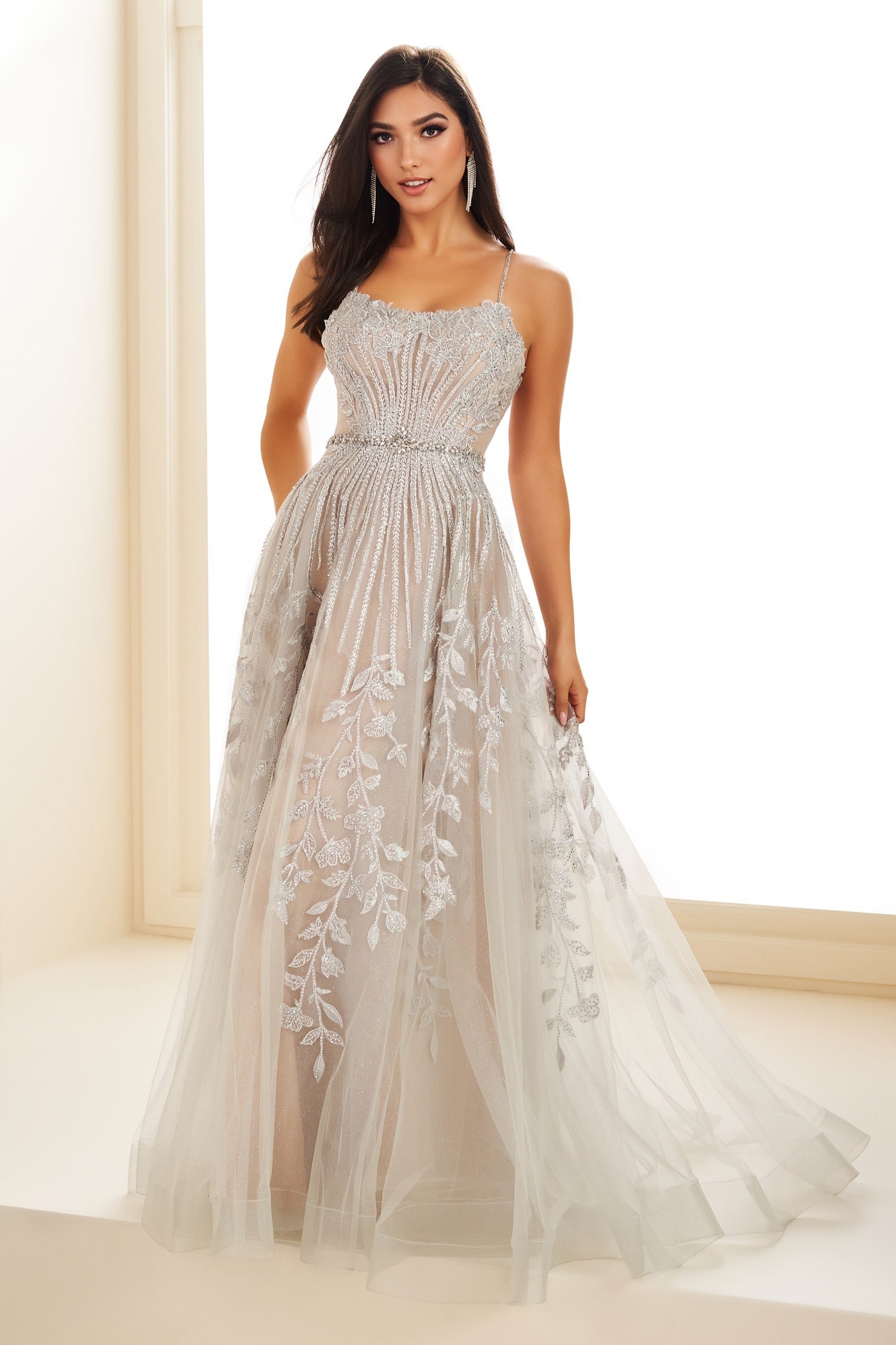 Glitter and Lace Applique A-Line Gown with Jewelled Belt