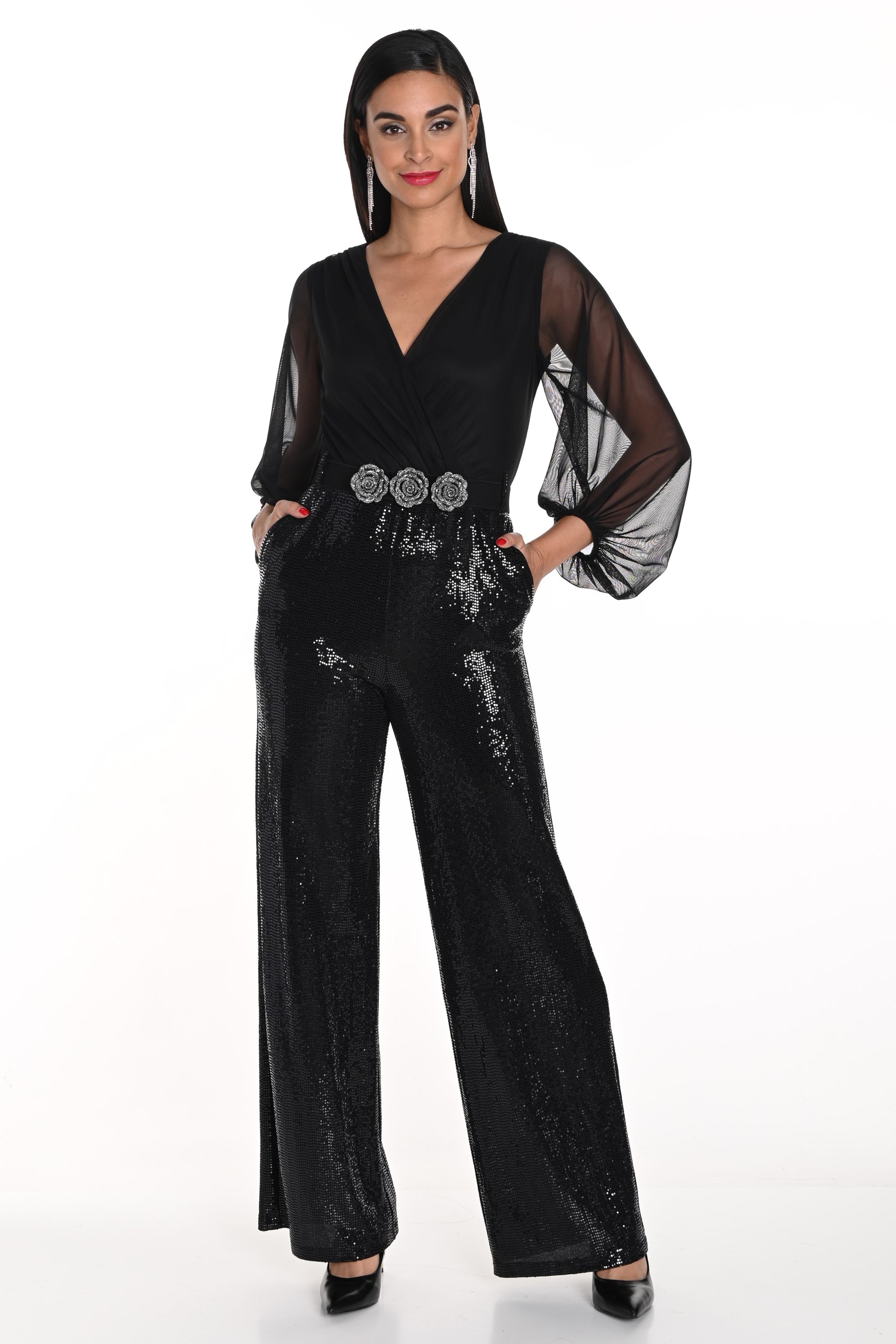 Glitzy Jumpsuit With Rosette Belt