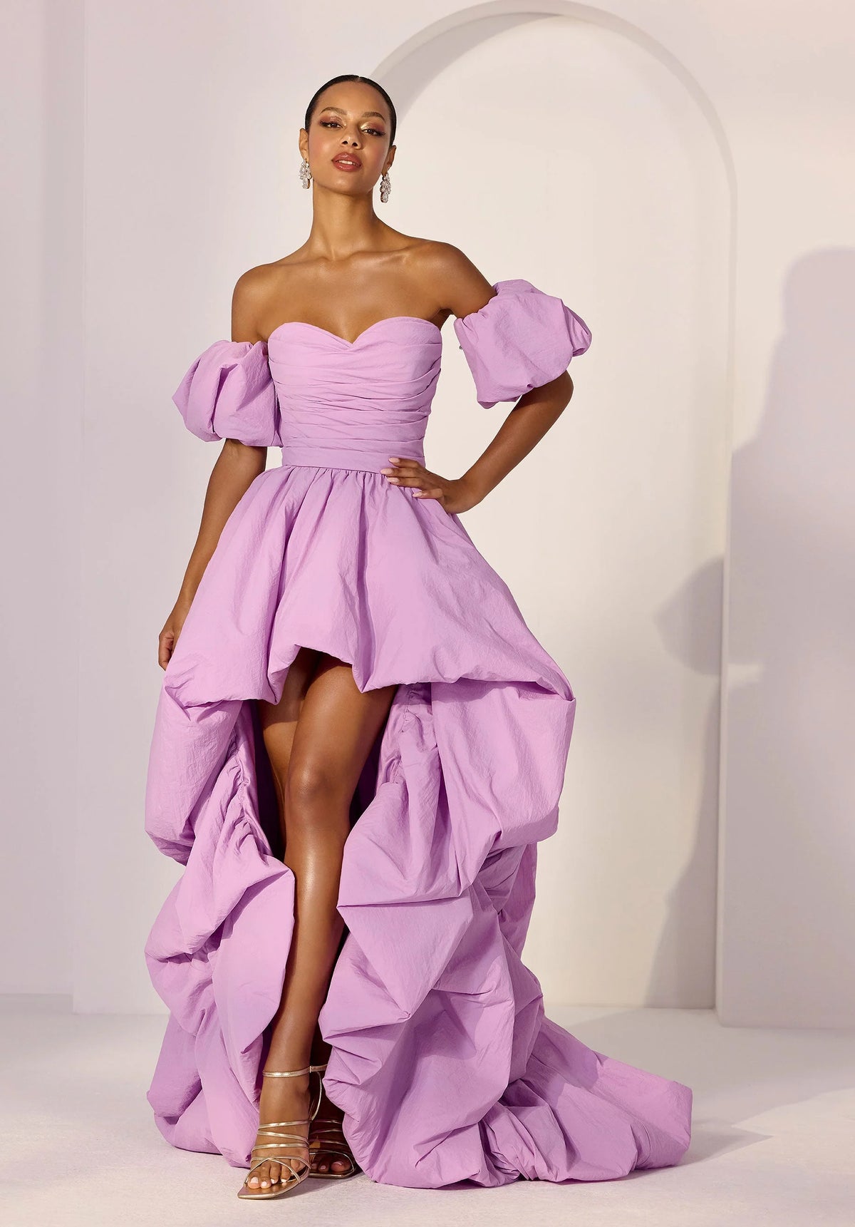 Hi-Low Crepe Taffeta Dress with Detachable Puff Sleeves