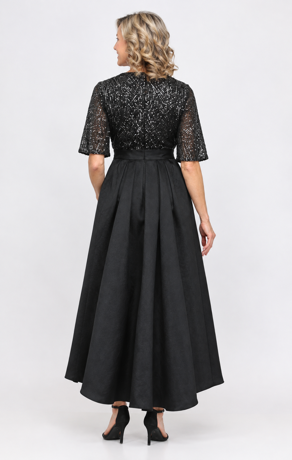 High-Low Mikado Gown with Sequined Surplice Bodice