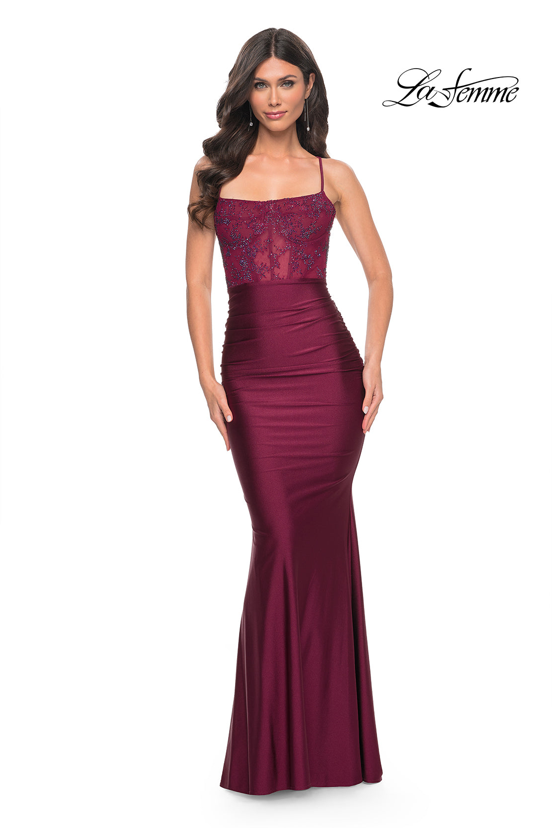 Illusion Bodice Corset Style Ruched Jersey Dress