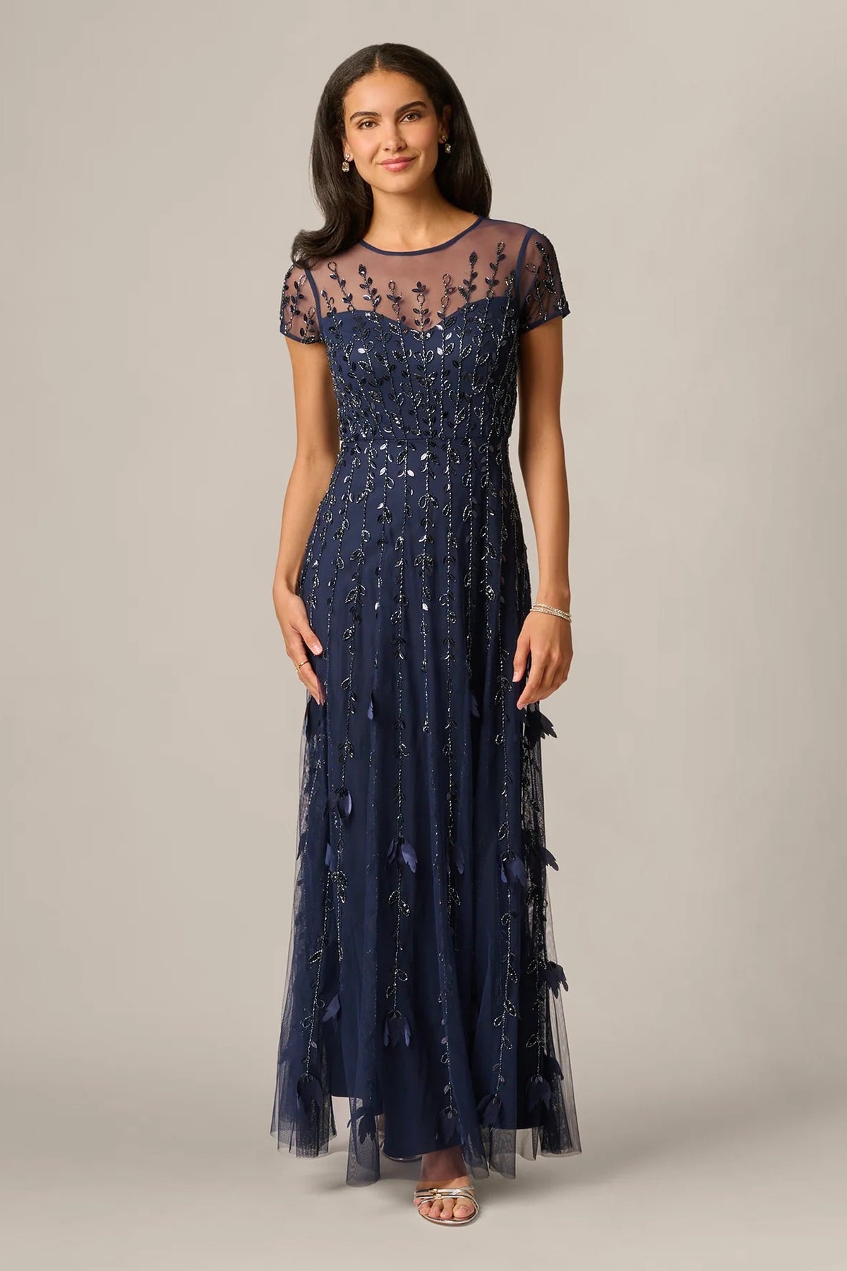 Illusion Short Sleeve 3D Beaded Vine Gown