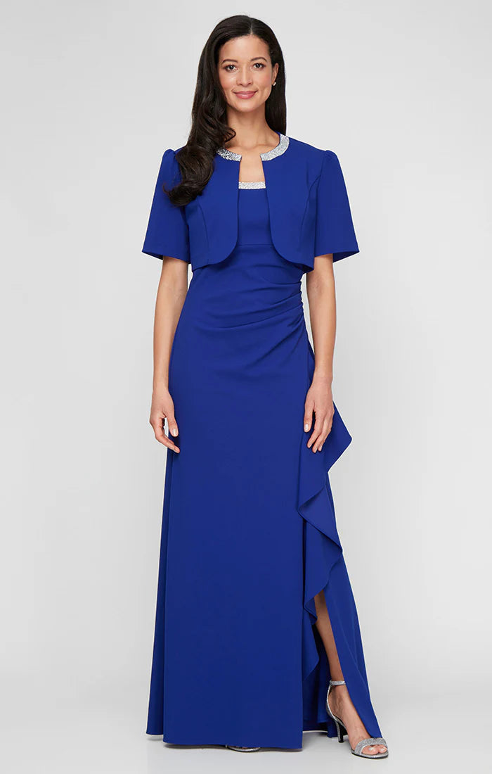 evening dress and jacket Jewel Neck Cascading Ruffle Dress With Jacket