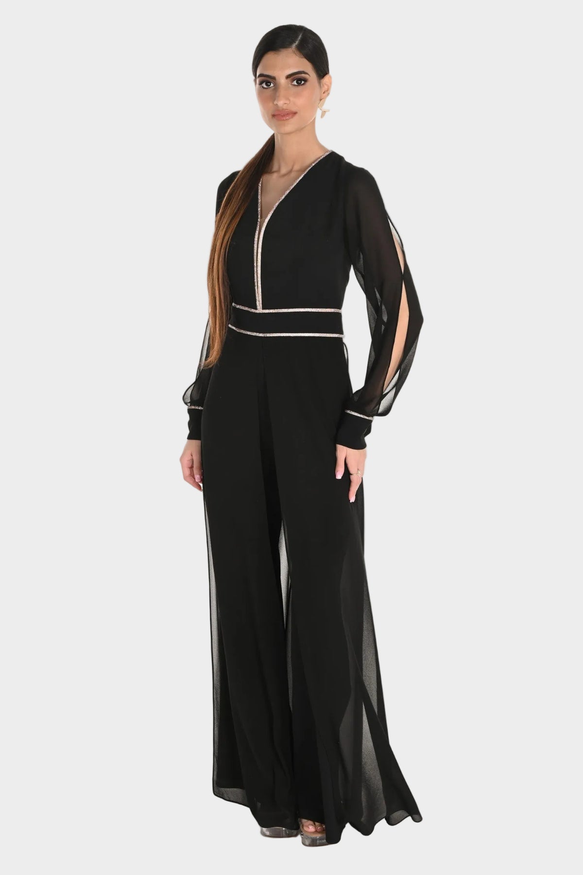 Jewel Trim Chiffon Sleeve Jumpsuit