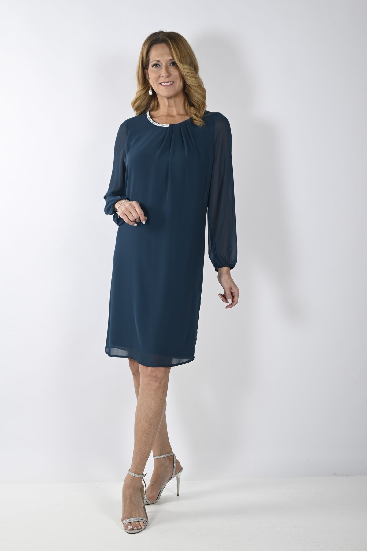 Jewel Trim Long Sleeve Dress with Split Back Overlay