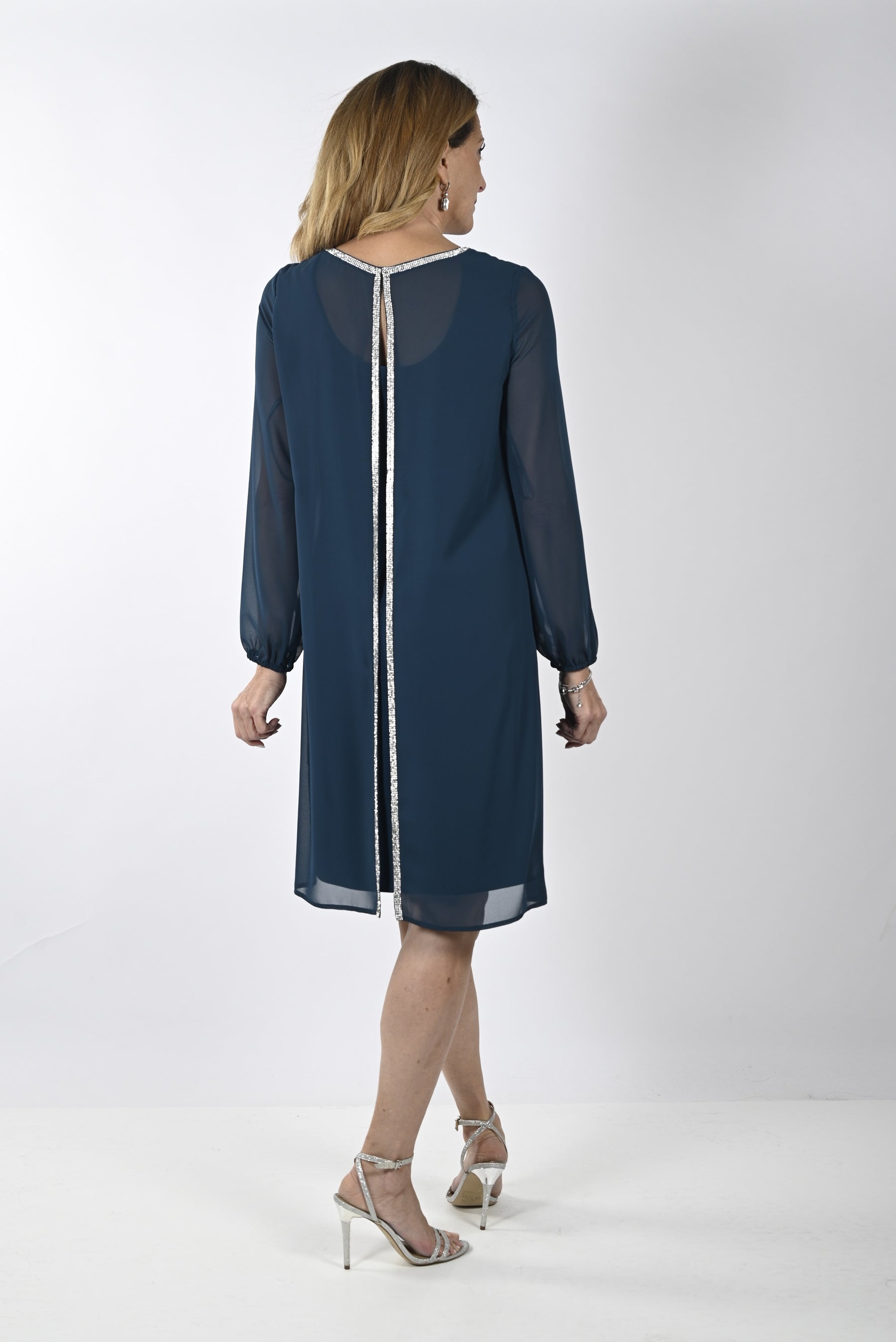 Jewel Trim Long Sleeve Dress with Split Back Overlay