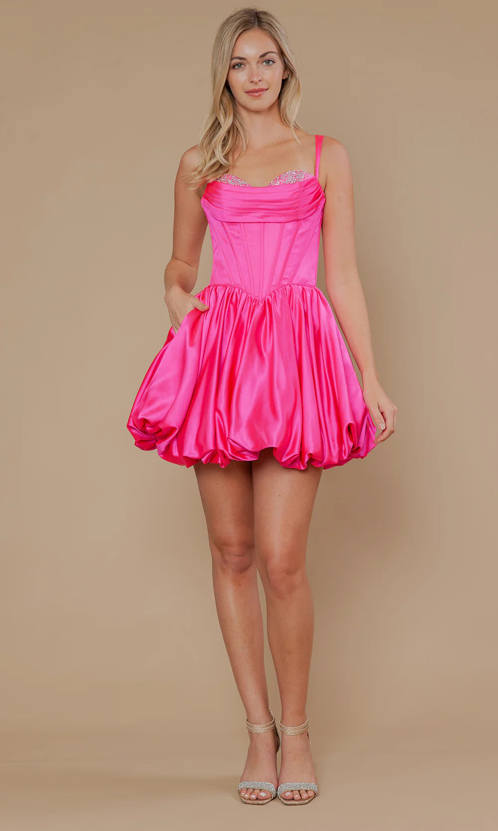 pink silk dress short Jewelled Corset Bubble Hem Short Satin Dress