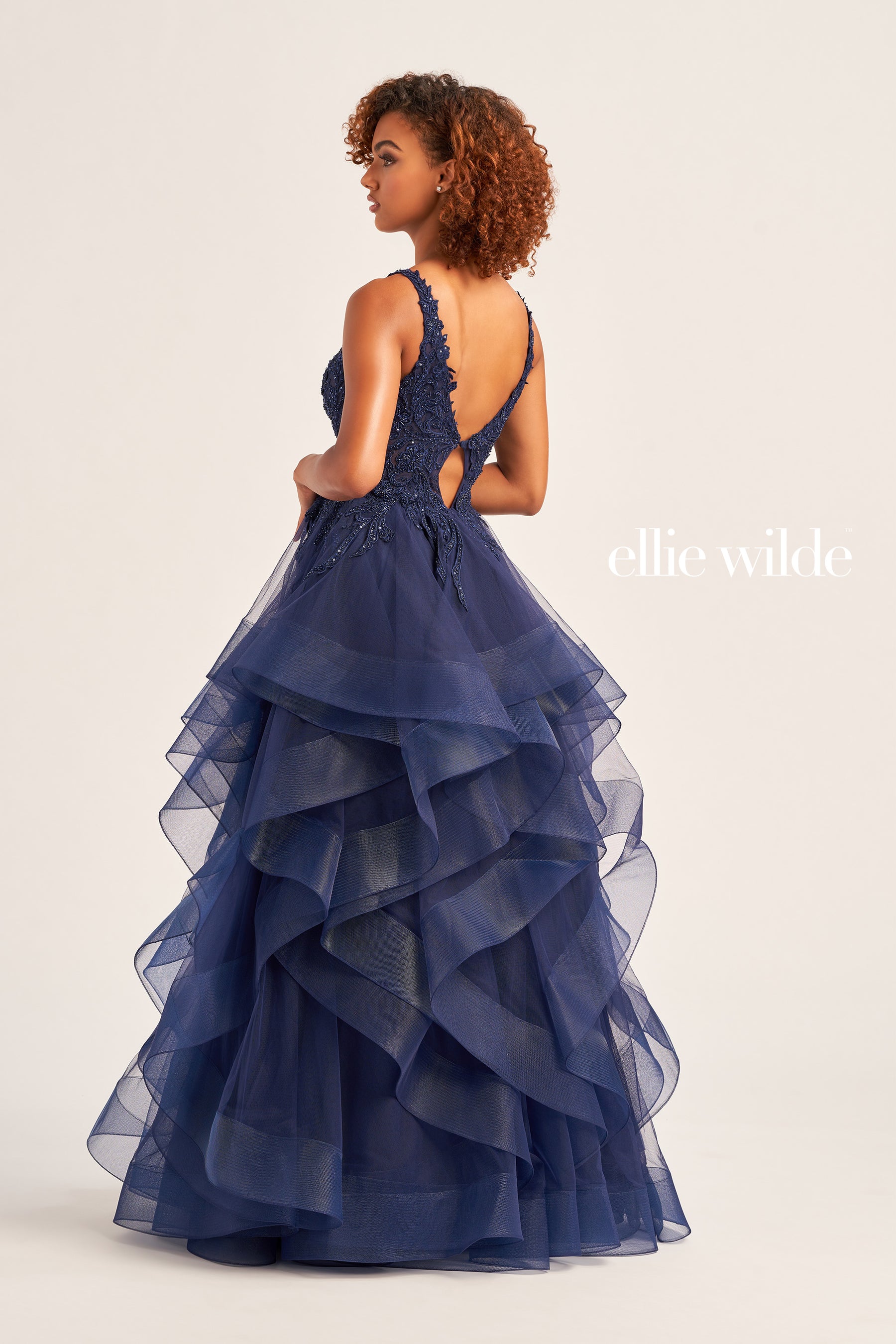 Lace Applique Layered Tulle Gown