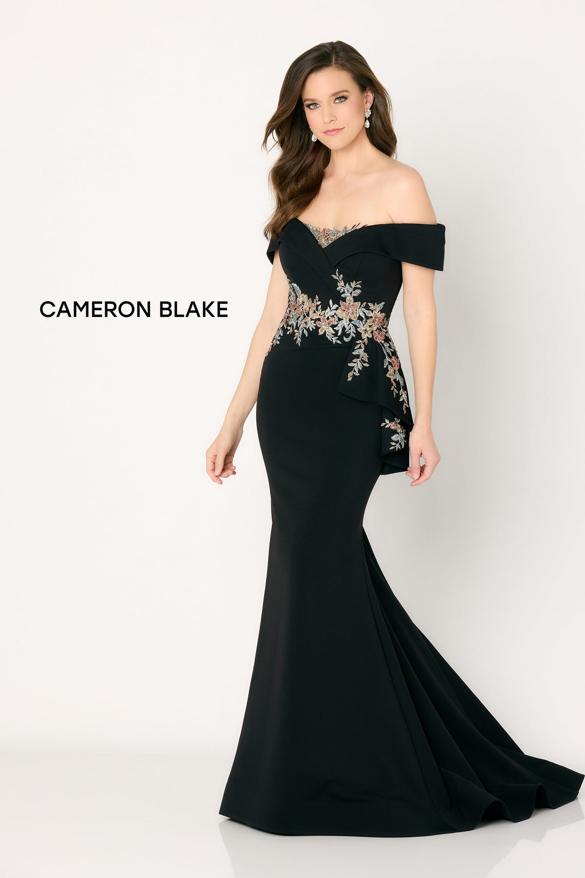 Lace Applique Off Shoulder Crepe Gown