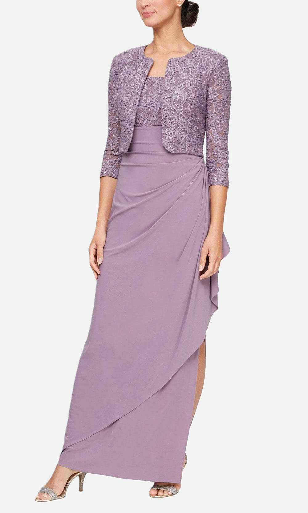 Lace Bodice Side Ruched Dress with Bolero Jacket