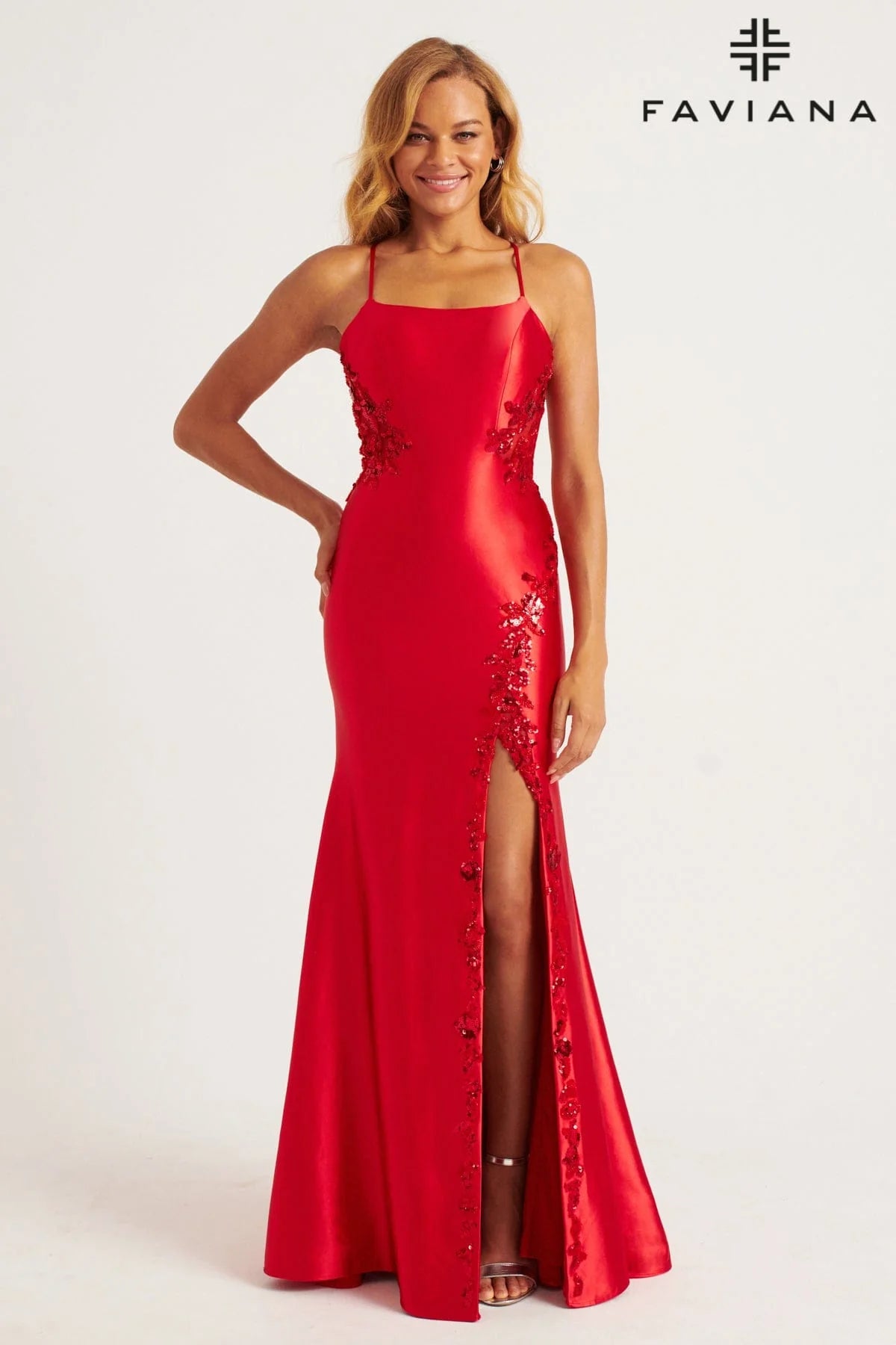 Lace Up Back Stretch Satin Gown with Cascading Beaded Appliqué