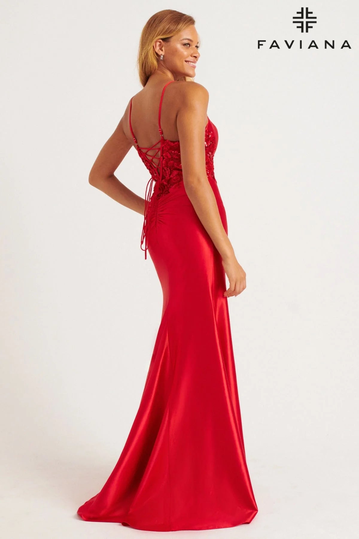 Lace Up Back Stretch Satin Gown with Cascading Beaded Appliqué