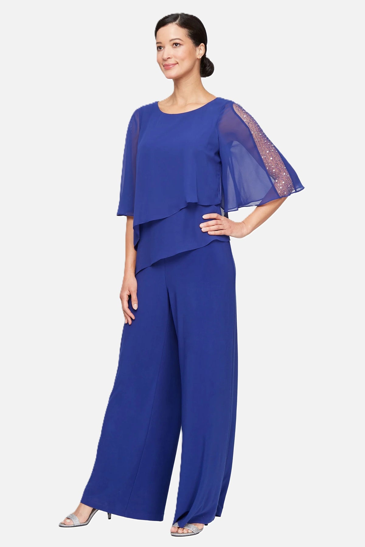 Layered Chiffon Jumpsuit With Mesh Beaded Sleeve Detail