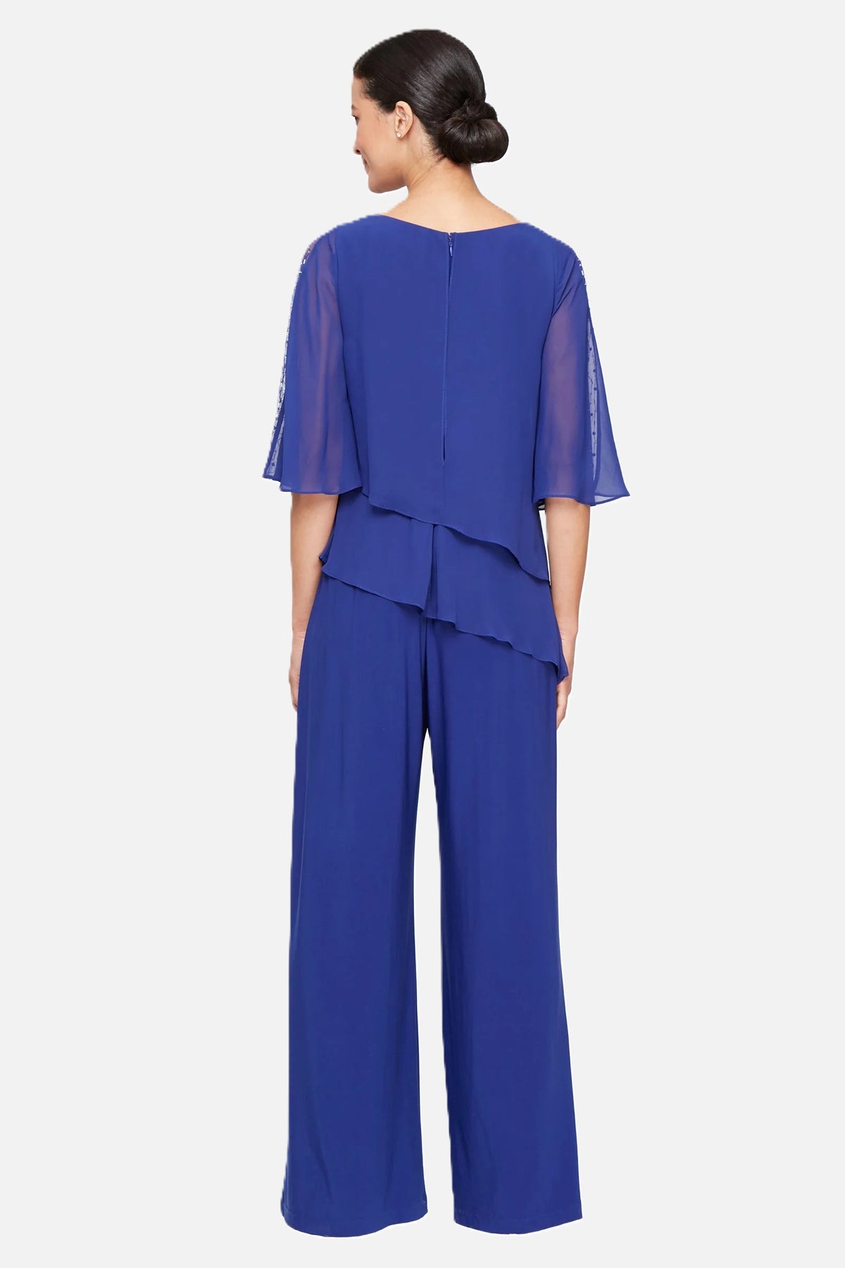 Layered Chiffon Jumpsuit With Mesh Beaded Sleeve Detail