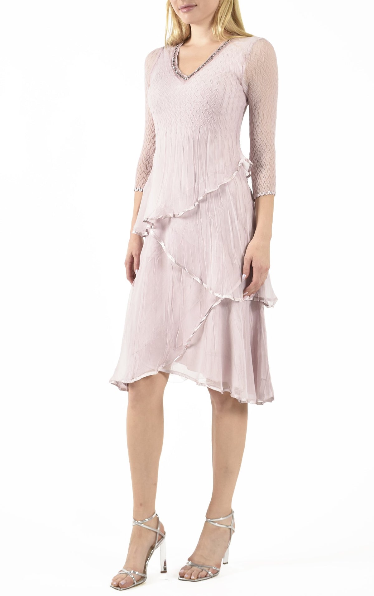 Layered Pleated Chiffon V-Neck Dress